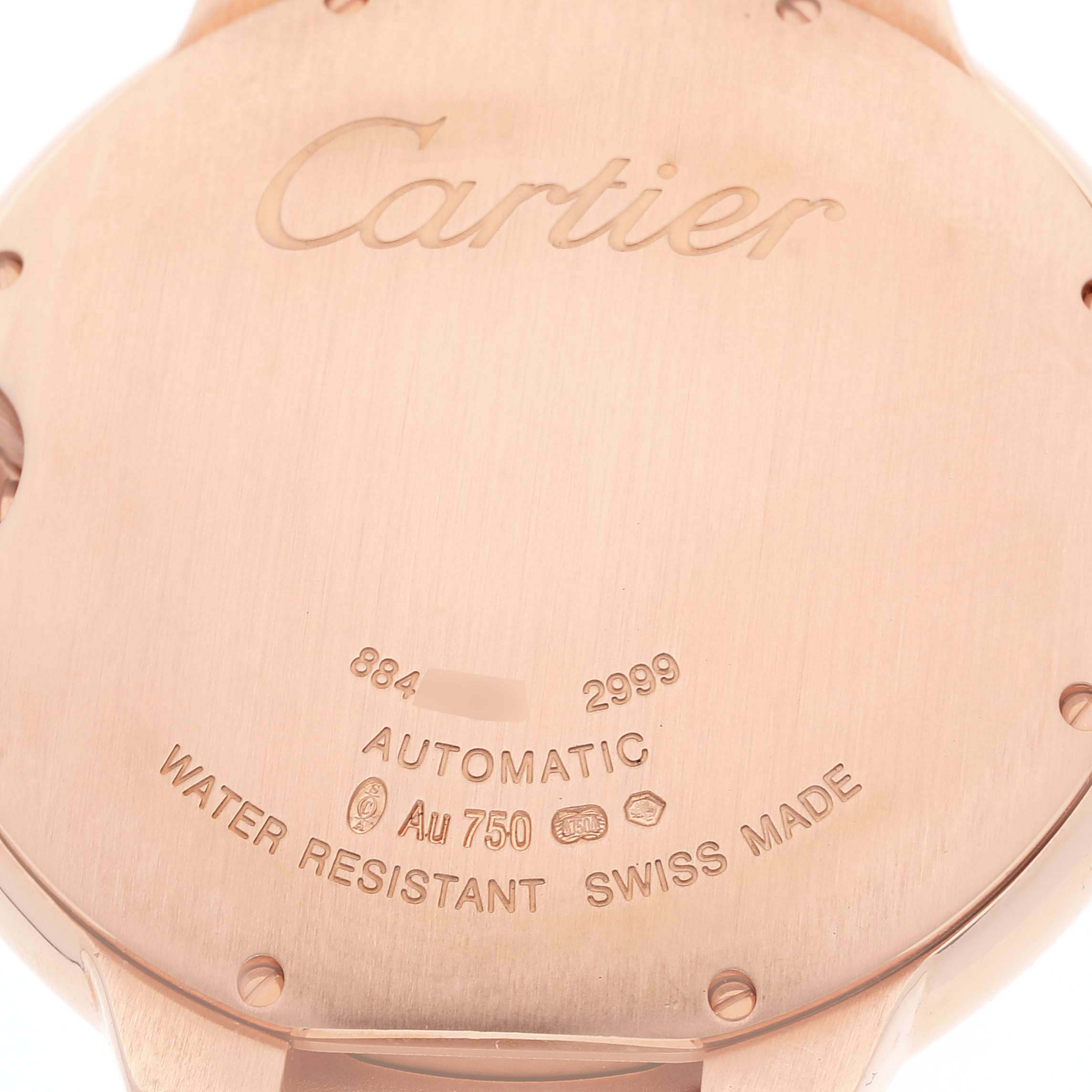 This image shows the back case of a Cartier Ballon Bleu W6920037 Men's Rose Gold Brown Dial W6920037 Men's Rose Gold Brown Dial watch, displaying branding and specifications in close-up.