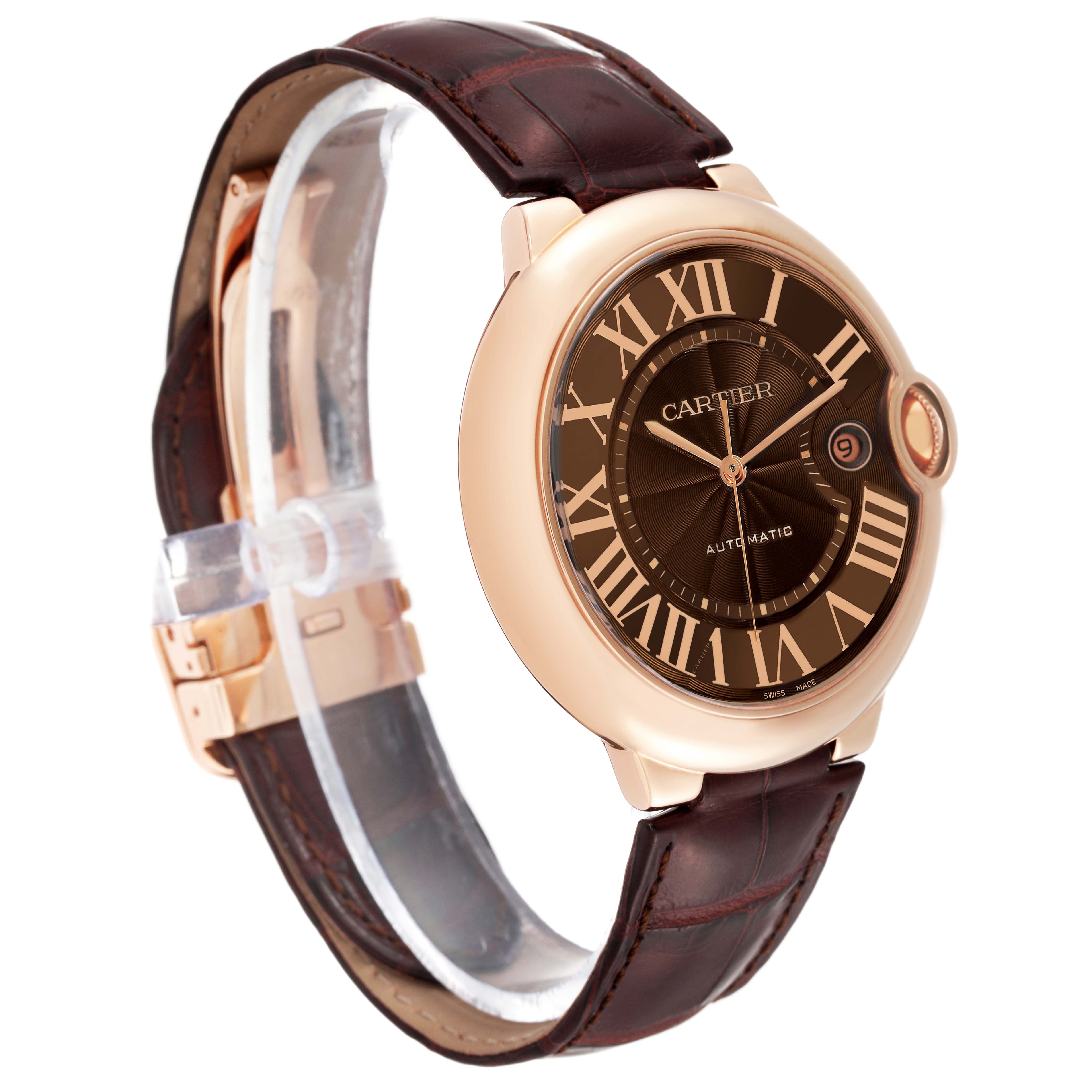 The image shows a side angle view of a Cartier Ballon Bleu W6920037 Men's Rose Gold Brown Dial W6920037 Men's Rose Gold Brown Dial watch, detailing its round face, Roman numerals, and leather strap.