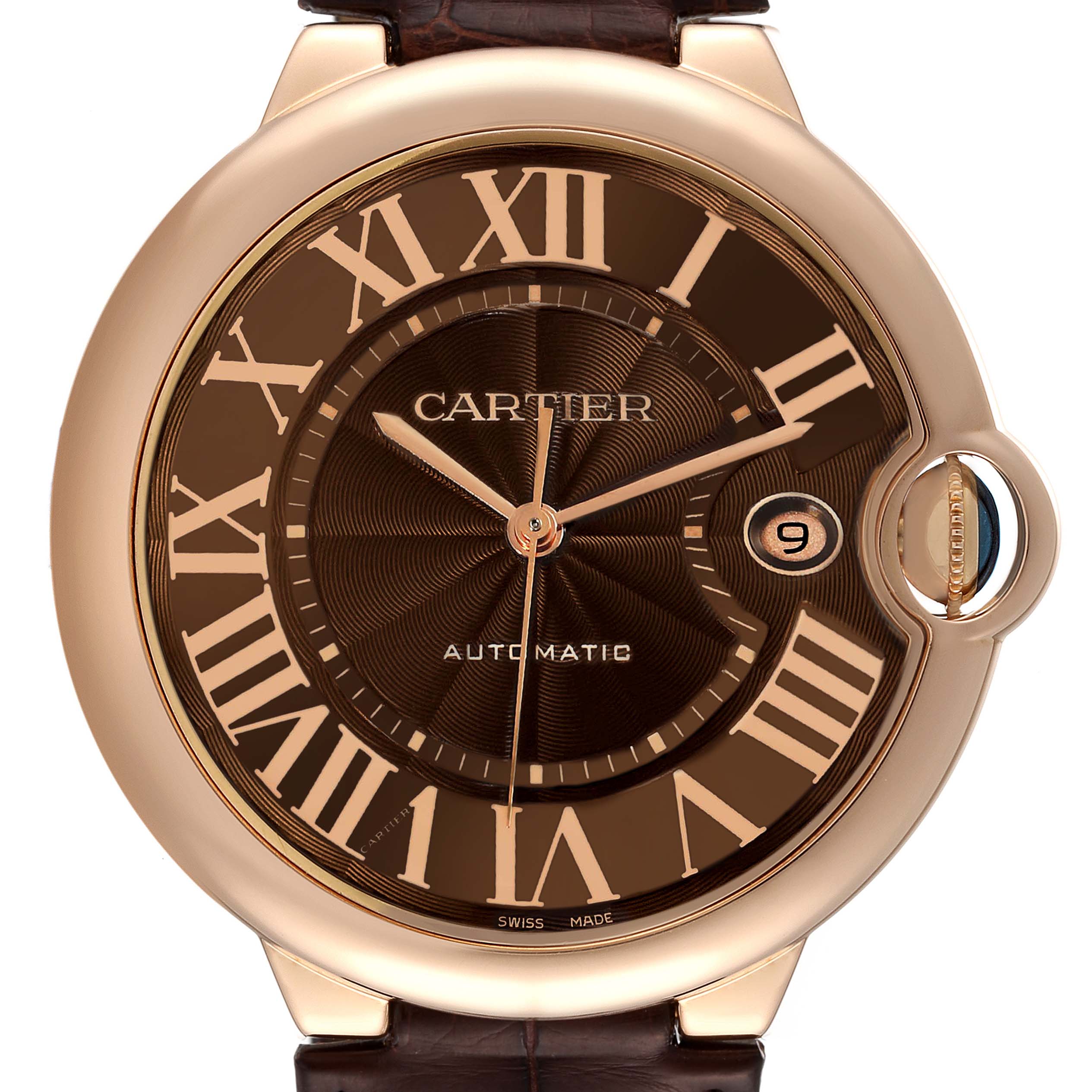 The image shows a head-on view of the Cartier Ballon Bleu W6920037 Men's Rose Gold Brown Dial W6920037 Men's Rose Gold Brown Dial watch featuring its dial, hands, date window, and crown.