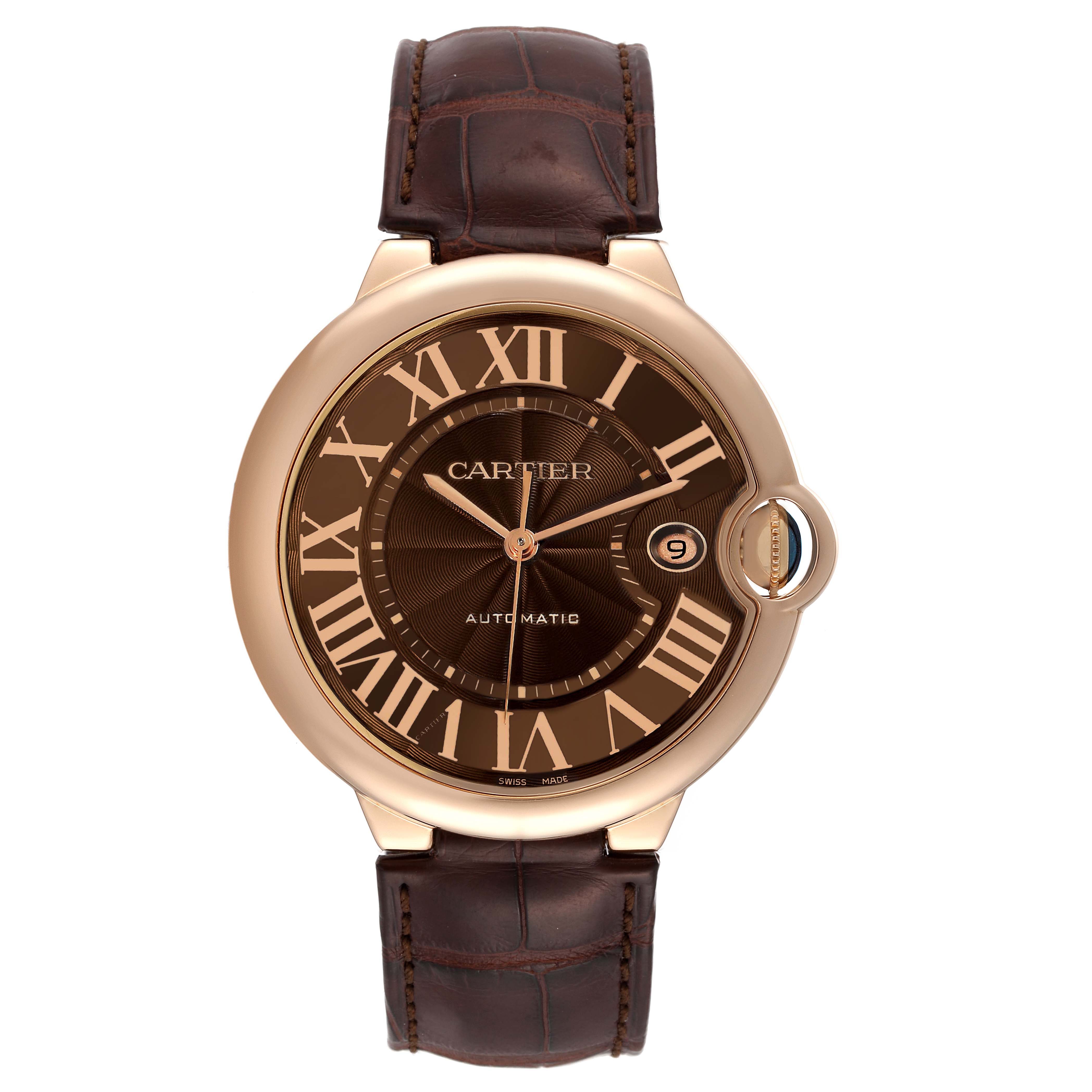 This image shows a front view of the Cartier Ballon Bleu W6920037 Men's Rose Gold Brown Dial W6920037 Men's Rose Gold Brown Dial watch, featuring its dial, hands, and leather strap.