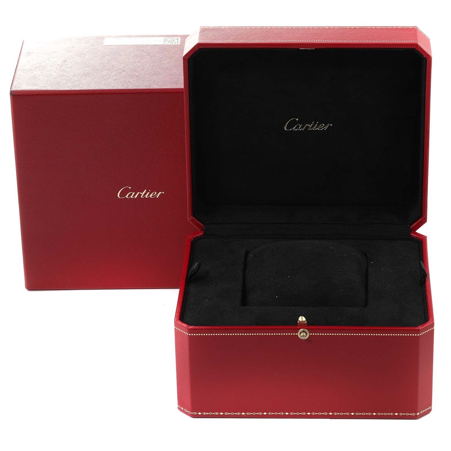 The image shows an open red Cartier box for the Ballon Bleu model watch, with the exterior box beside it.