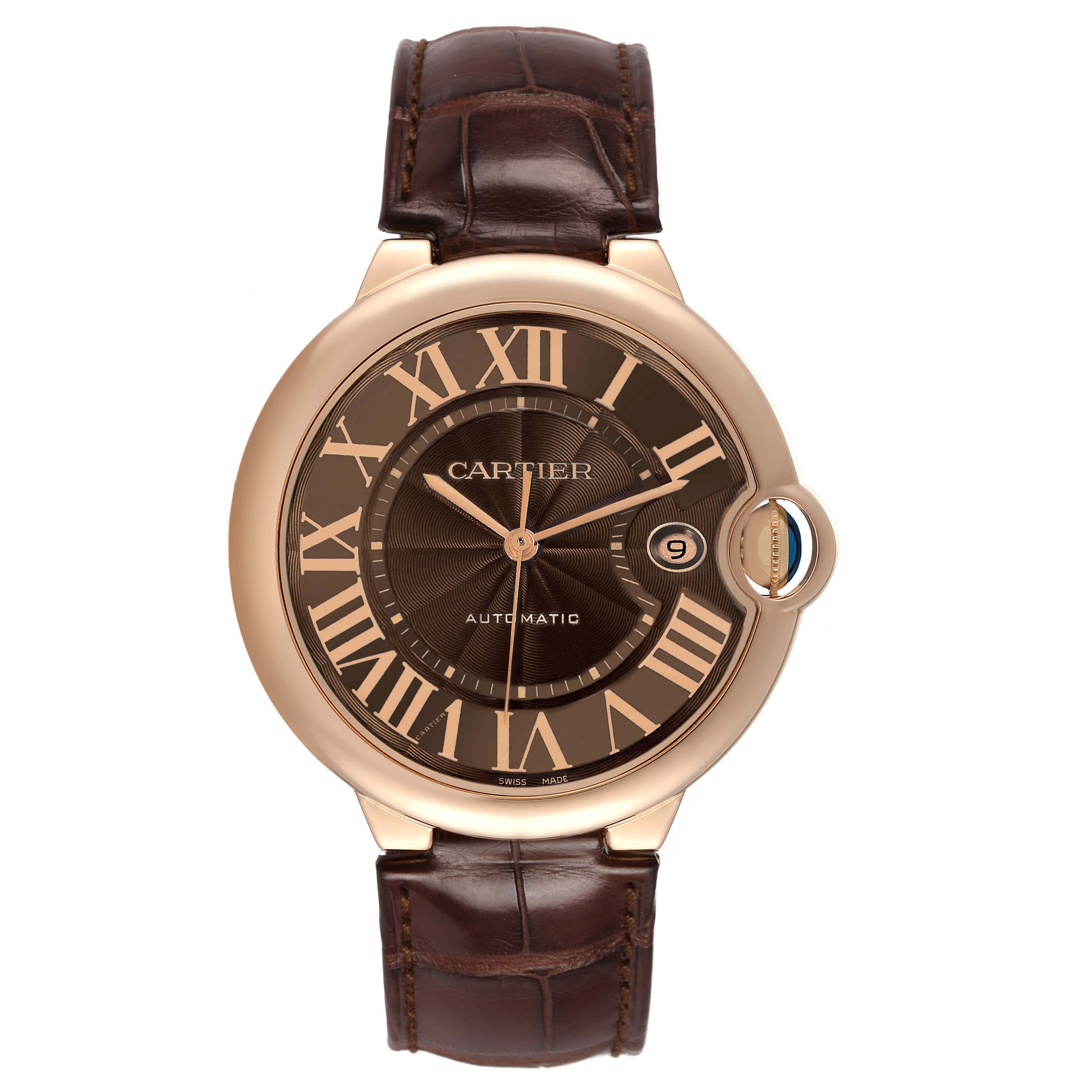 The image shows a Cartier Ballon Bleu W6920037 Men's Rose Gold Brown Dial watch from a front angle, displaying the face, Roman numerals, and leather strap.