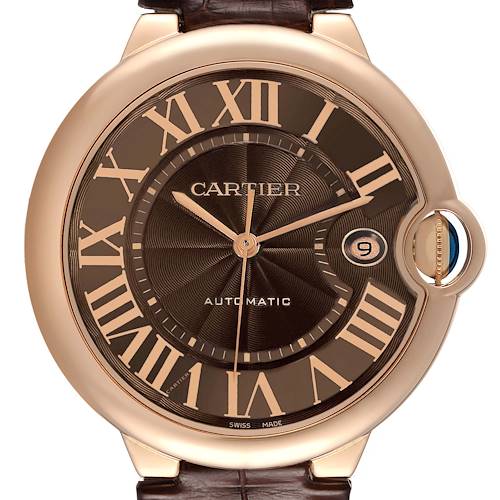 The Cartier Ballon Bleu W6920037 Men's Rose Gold Brown Dial watch is shown from the front, displaying its dial, Roman numerals, hands, and the date window.
