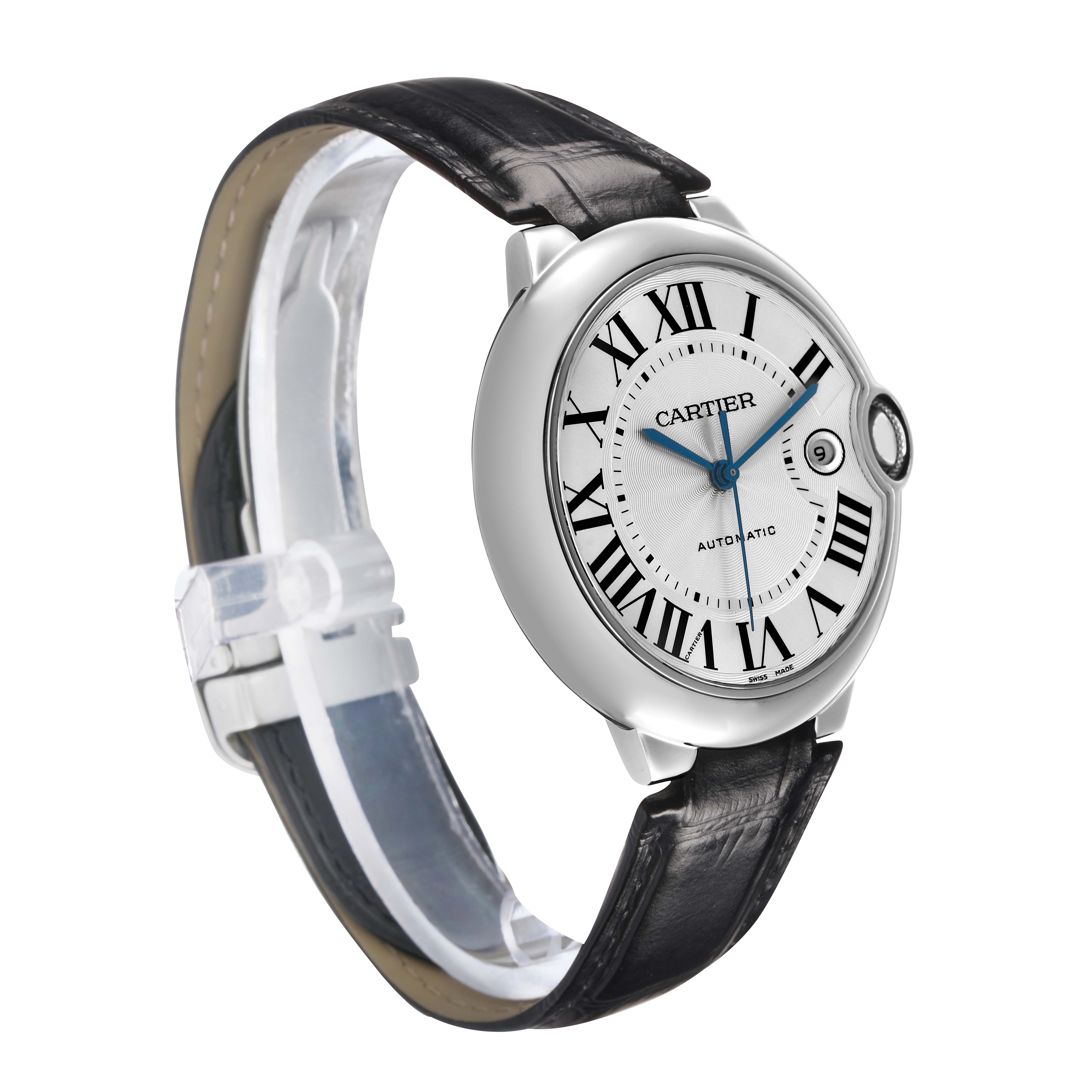 The Cartier Ballon Bleu W69016Z4 Men's Stainless Steel Silver Dial watch is shown at a three-quarter angle, displaying its Roman numeral dial, blue hands, and leather strap.