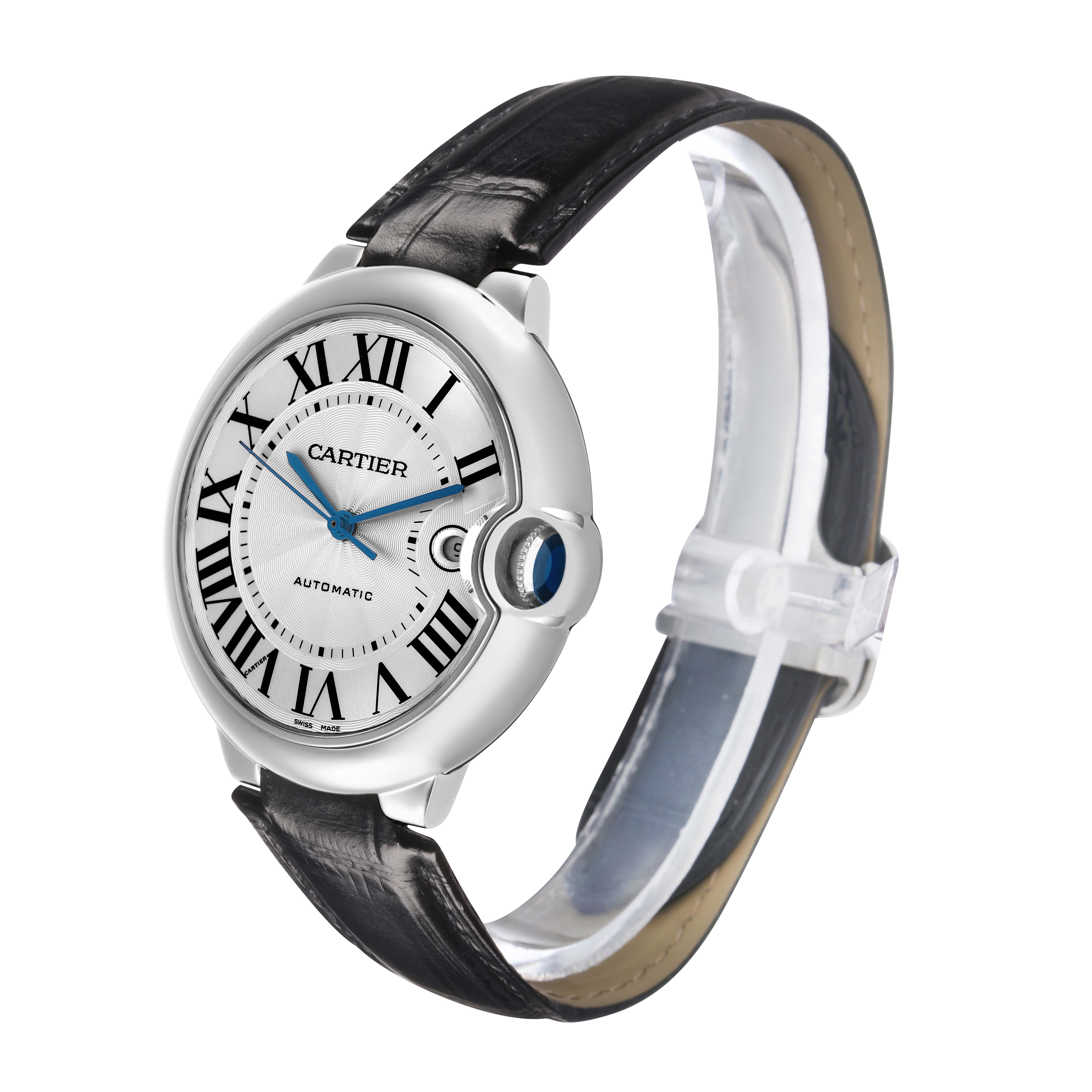 The Cartier Ballon Bleu W69016Z4 Men's Stainless Steel Silver Dial watch is displayed at a three-quarter angle, showing the face, crown, and strap.
