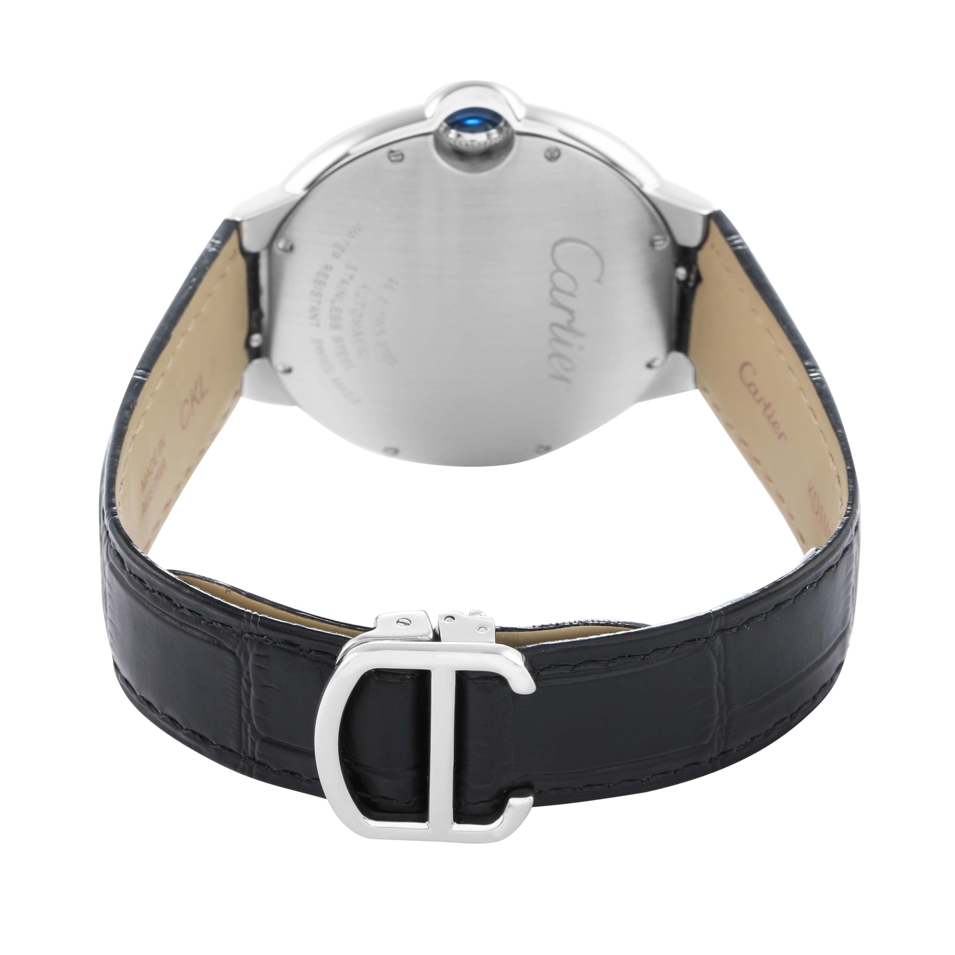 The image shows the back of the Cartier Ballon Bleu W69016Z4 Men's Stainless Steel Silver Dial watch, highlighting the clasp and case back details.