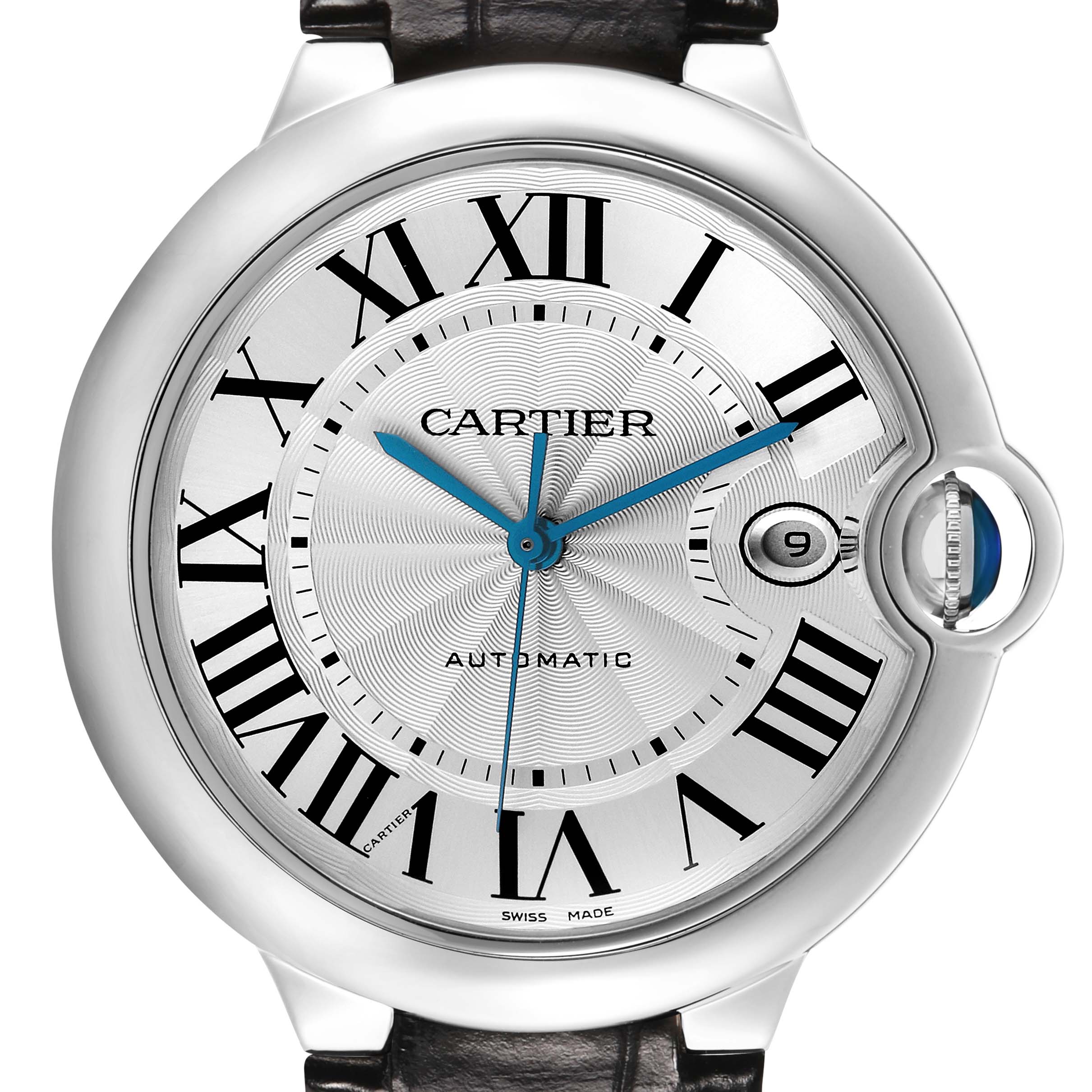 The Cartier Ballon Bleu W69016Z4 Men's Stainless Steel Silver Dial watch is shown from the front, highlighting its dial, Roman numerals, and distinctive blue hands.