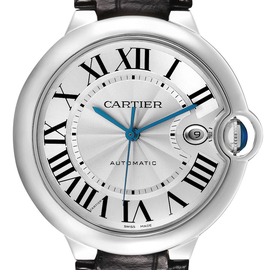 The Cartier Ballon Bleu W69016Z4 Men's Stainless Steel Silver Dial watch is shown from the front, highlighting its dial, Roman numerals, and distinctive blue hands.