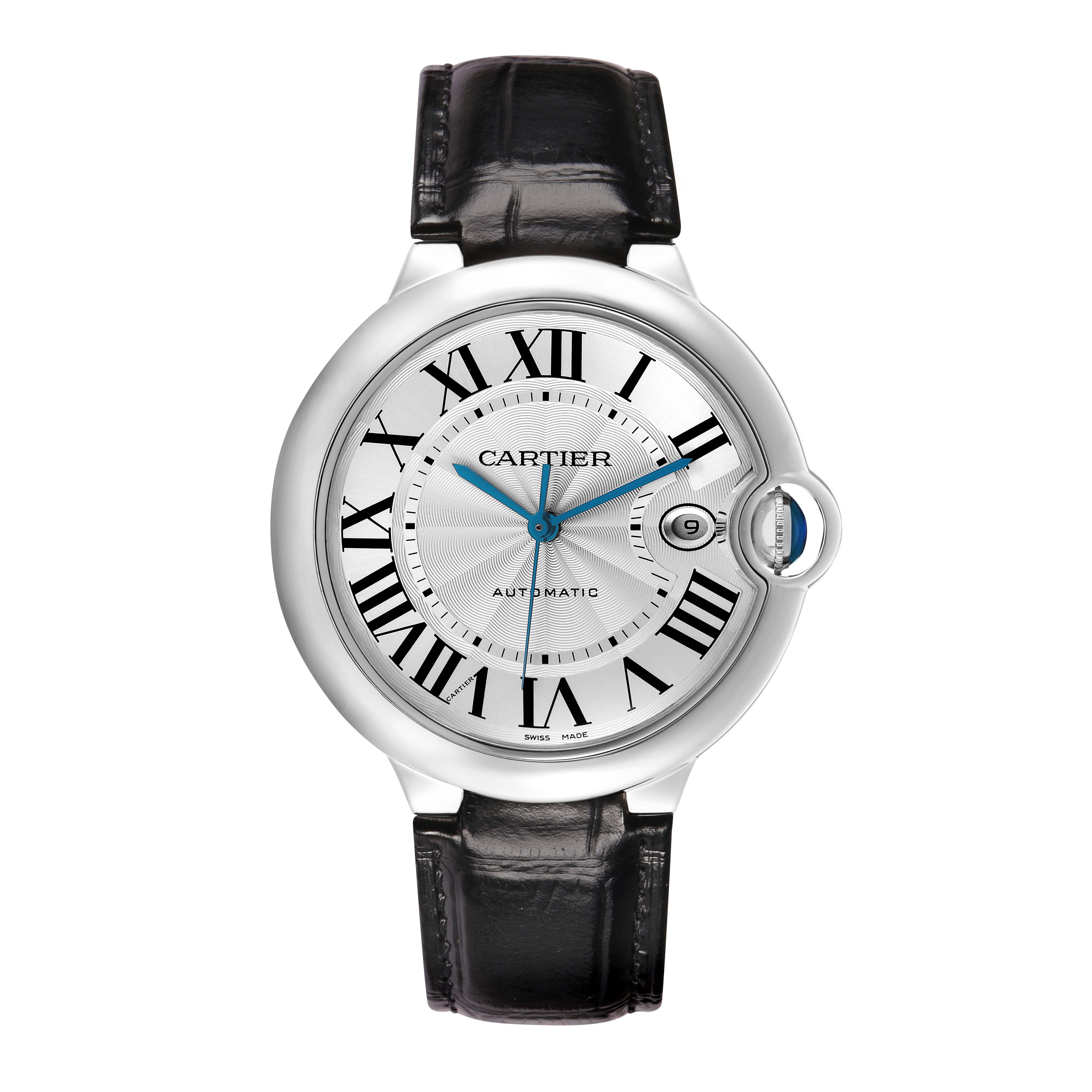 The image shows a Cartier Ballon Bleu W69016Z4 Men's Stainless Steel Silver Dial watch from a frontal angle, highlighting its dial, Roman numerals, and leather strap.