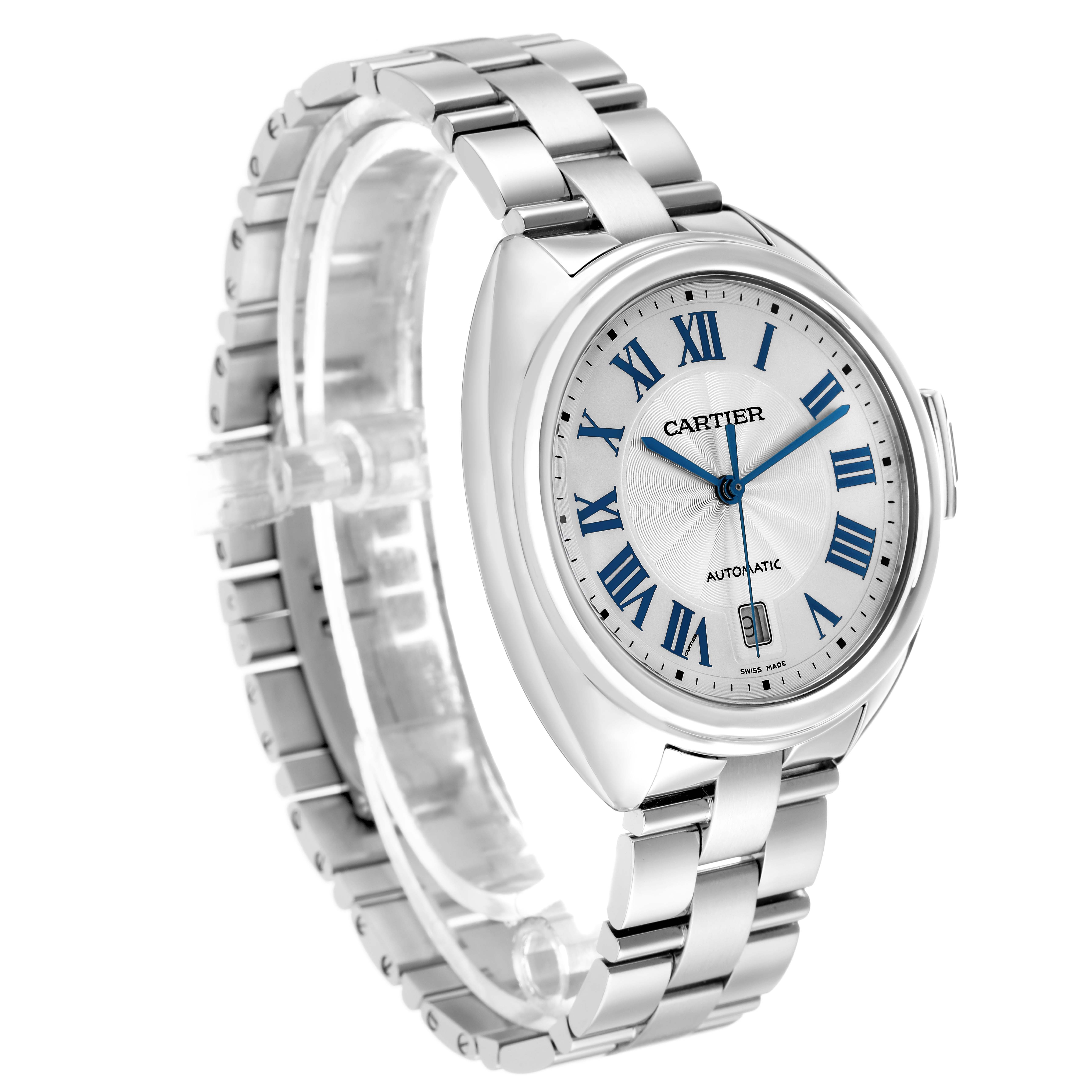 The Cartier Clé watch is shown at a slight angle, highlighting the face, bezel, and stainless steel bracelet.