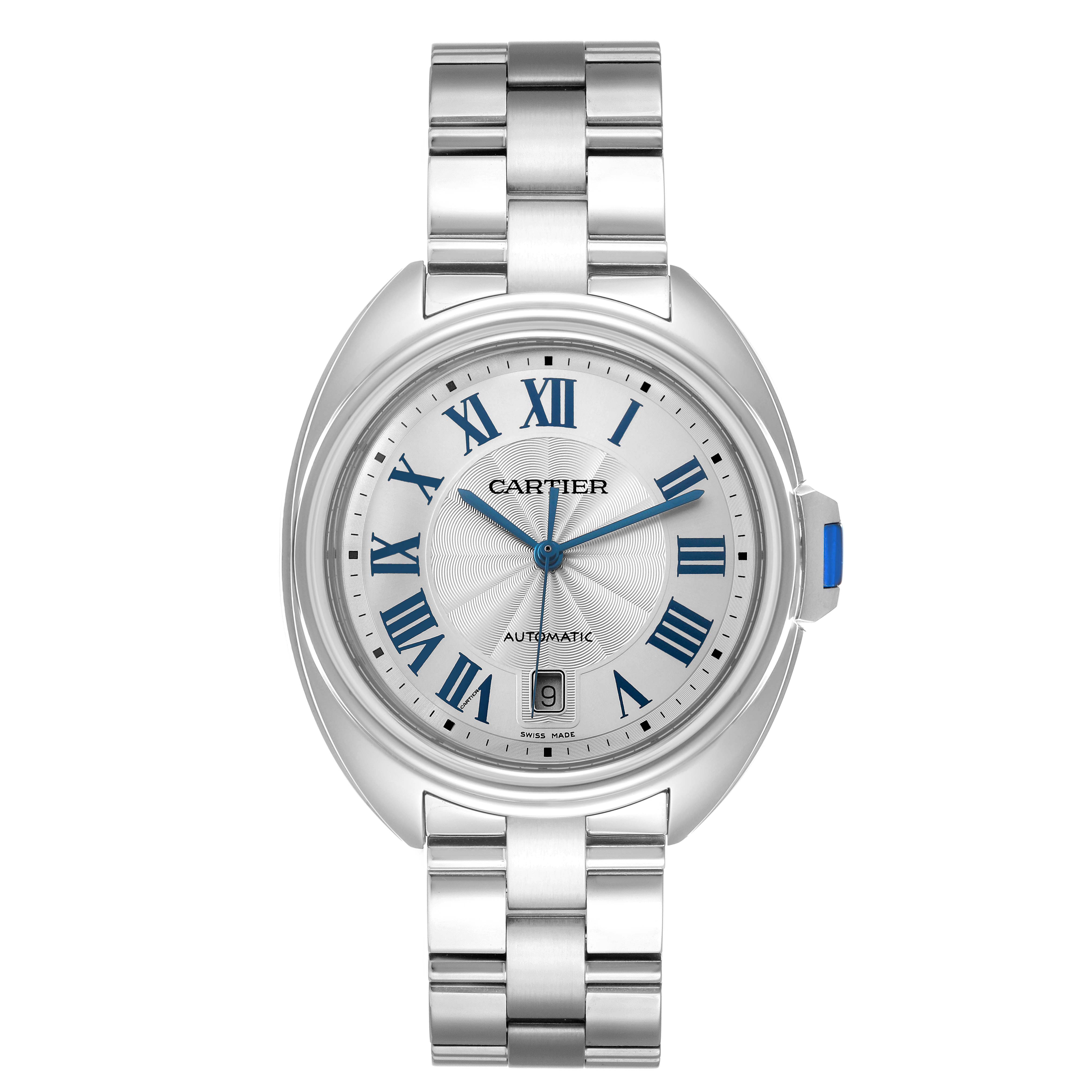The Cartier Clé watch is shown from the front, displaying its dial, Roman numeral markers, and metal bracelet.