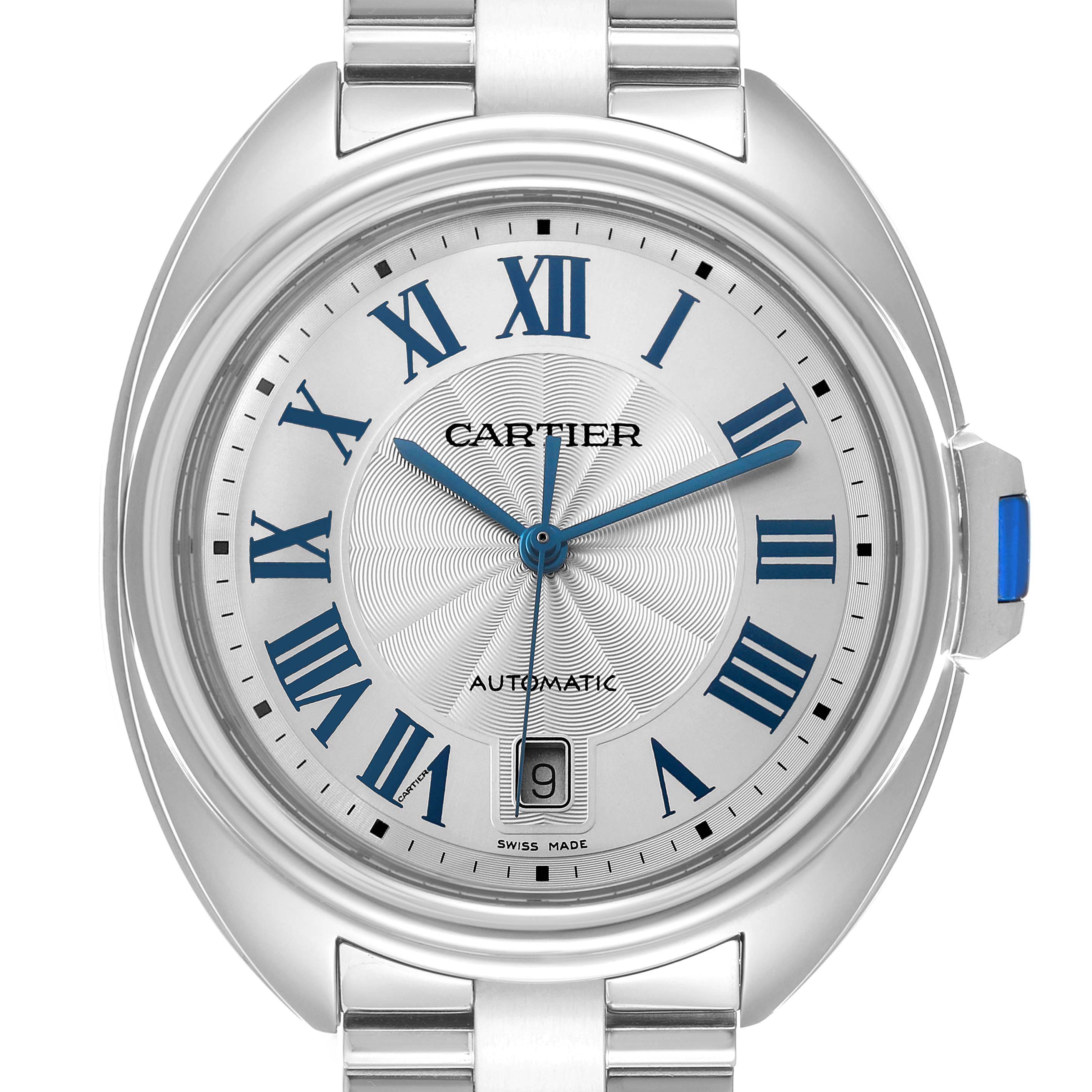 The image shows a full frontal view of the Cartier Clé watch, highlighting its dial, case, and part of the bracelet.