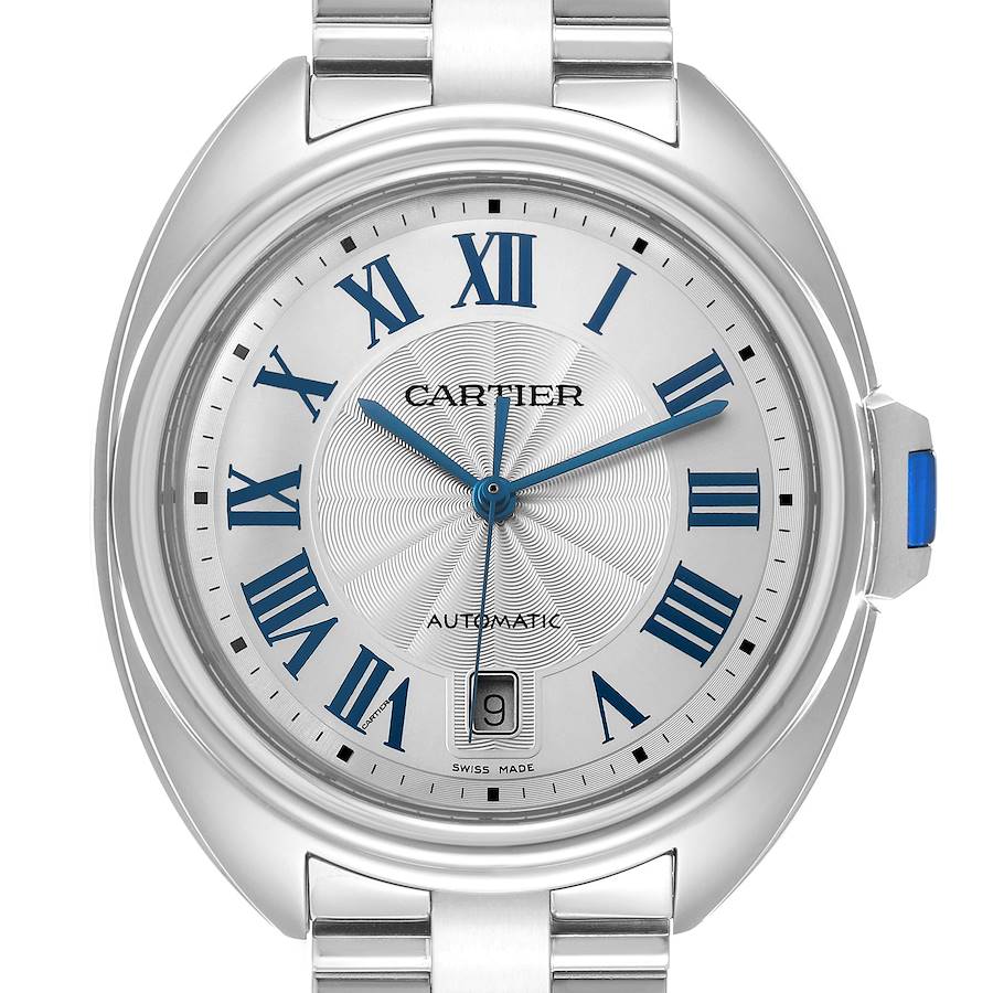 The image shows a full frontal view of the Cartier Clé watch, highlighting its dial, case, and part of the bracelet.