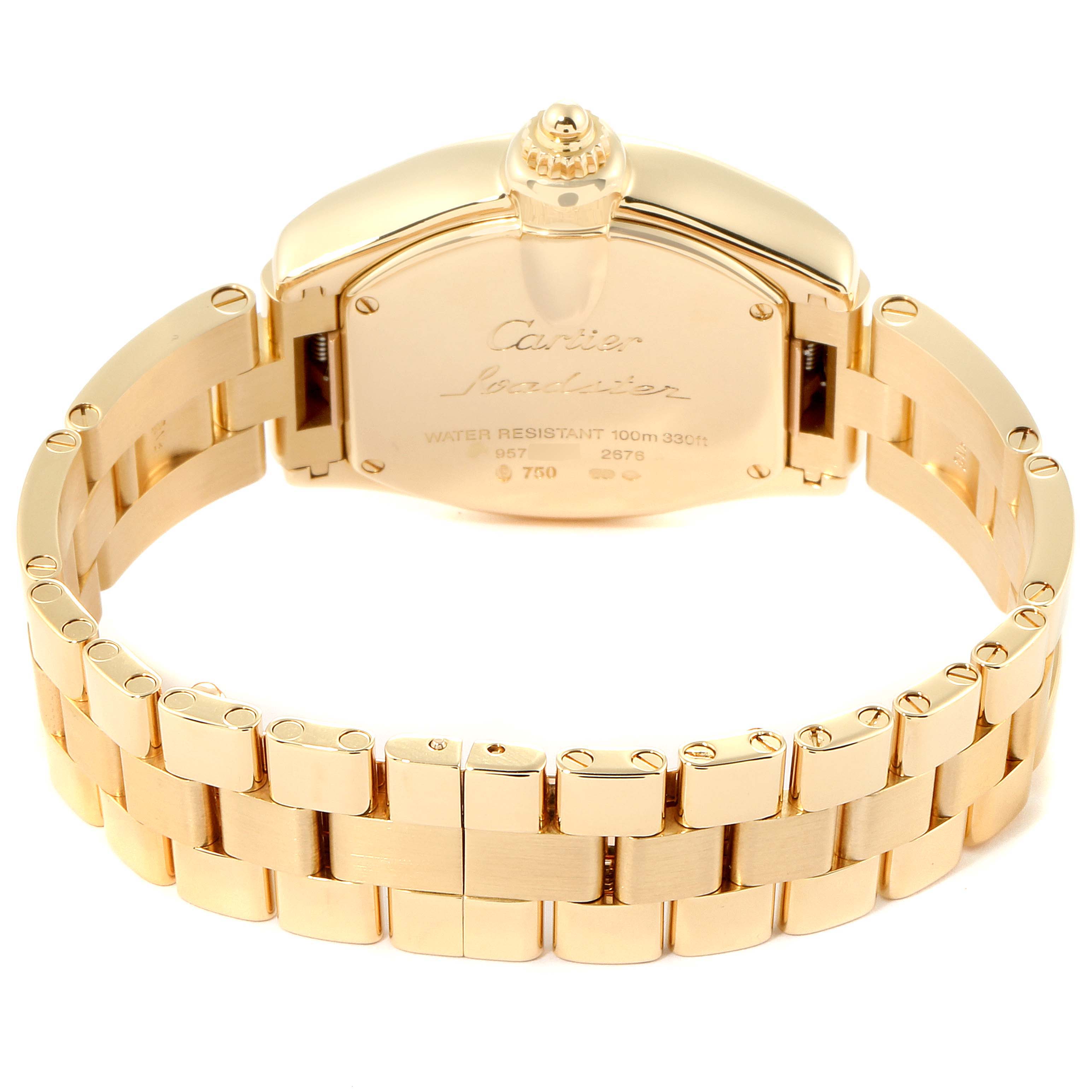 The image shows the back case and bracelet of a Cartier Roadster W62018V1 Women's Yellow Gold Silver Dial W62018V1 Women's Yellow Gold Silver Dial watch from a rear angle.