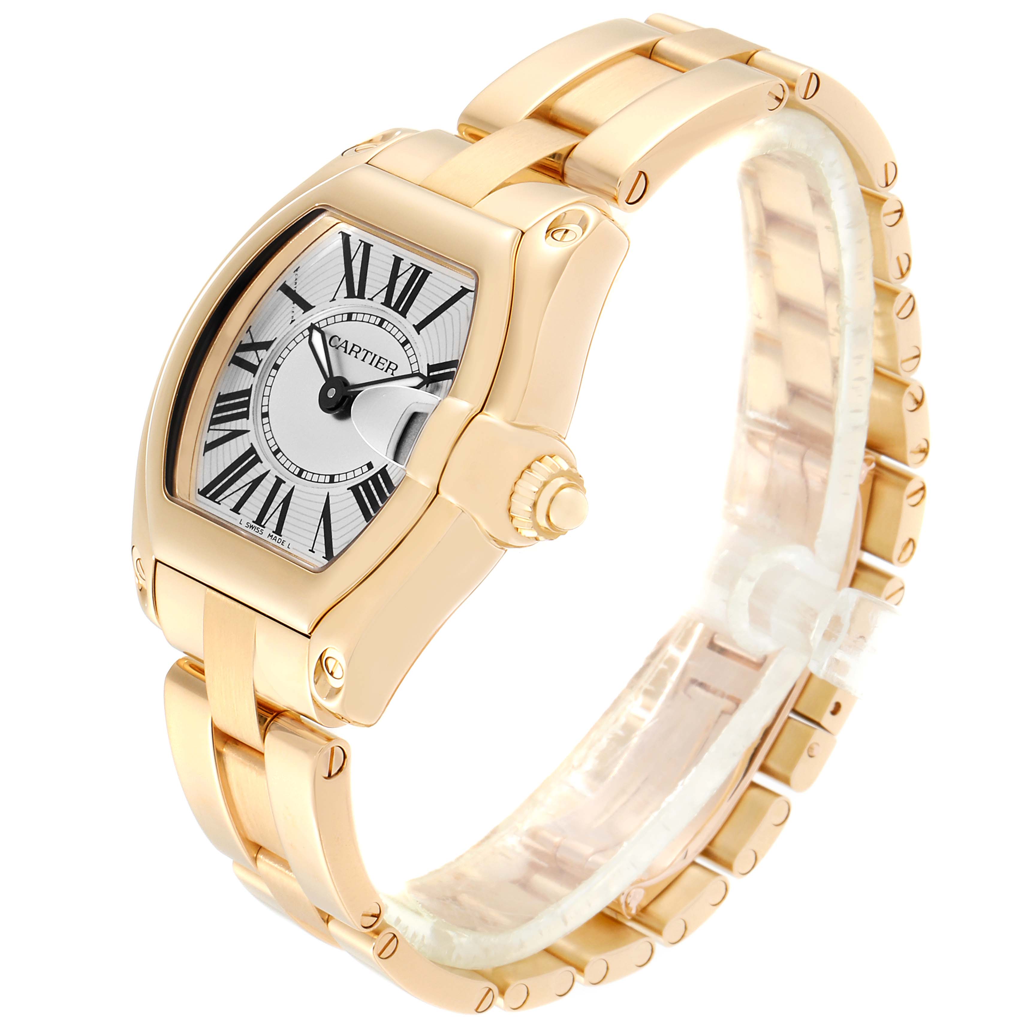 The image shows a side angle of the Cartier Roadster W62018V1 Women's Yellow Gold Silver Dial W62018V1 Women's Yellow Gold Silver Dial watch, highlighting its gold case, crown, bracelet, and dial.