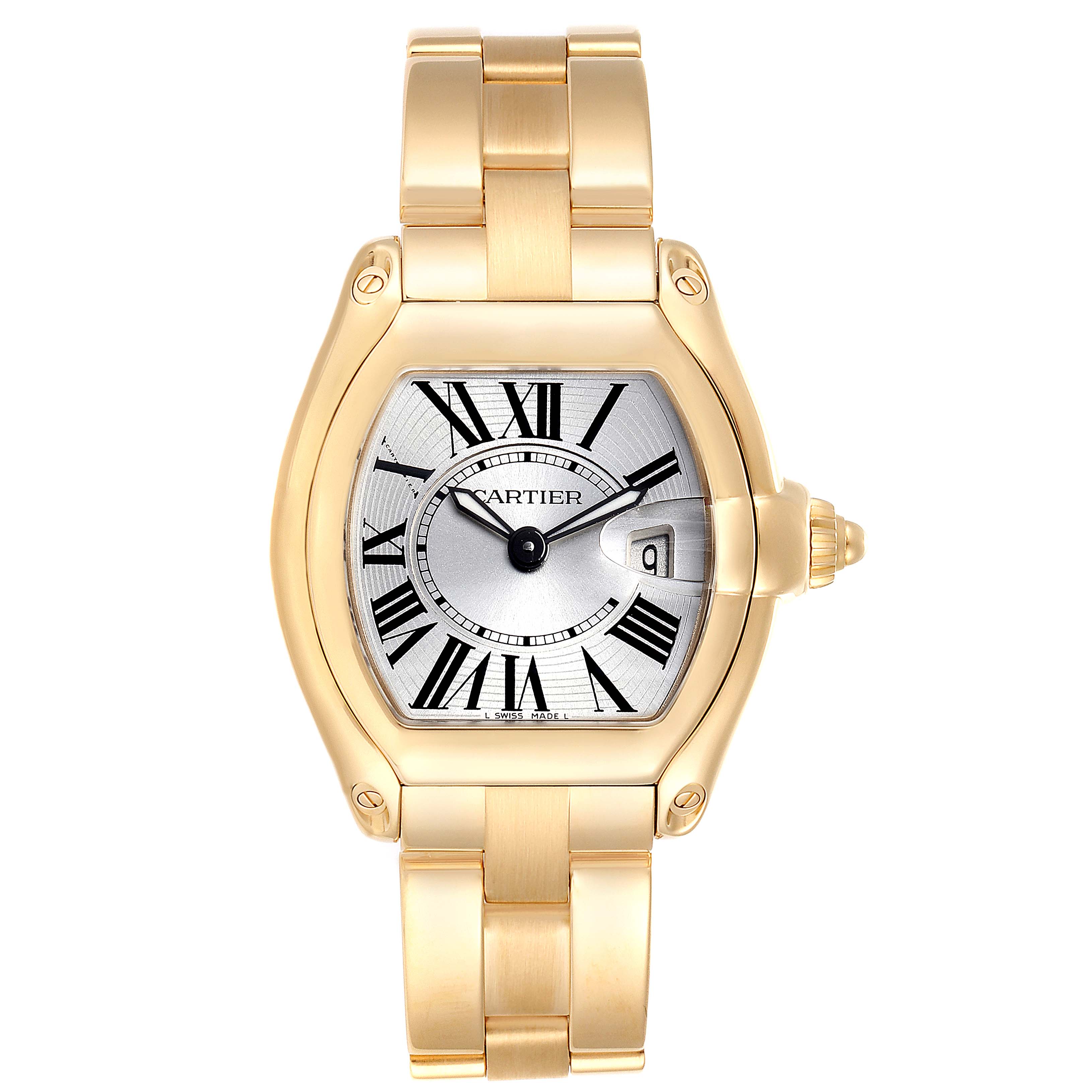 The image shows a frontal view of the Cartier Roadster W62018V1 Women's Yellow Gold Silver Dial W62018V1 Women's Yellow Gold Silver Dial watch, featuring its gold case, bracelet, and dial with Roman numerals.