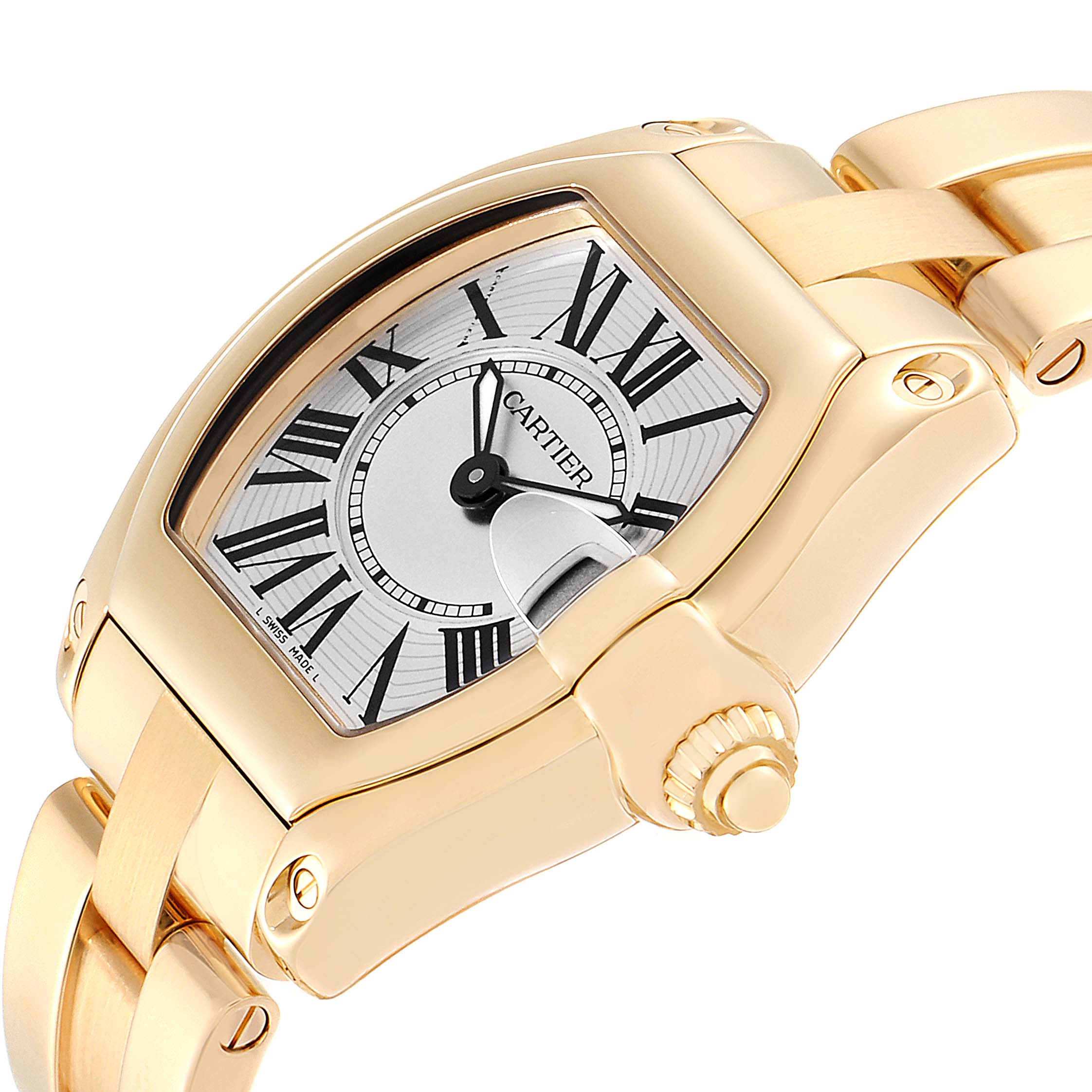 This image shows a close-up, angled view of the dial, crown, and part of the bracelet of the Cartier Roadster W62018V1 Women's Yellow Gold Silver Dial W62018V1 Women's Yellow Gold Silver Dial watch.