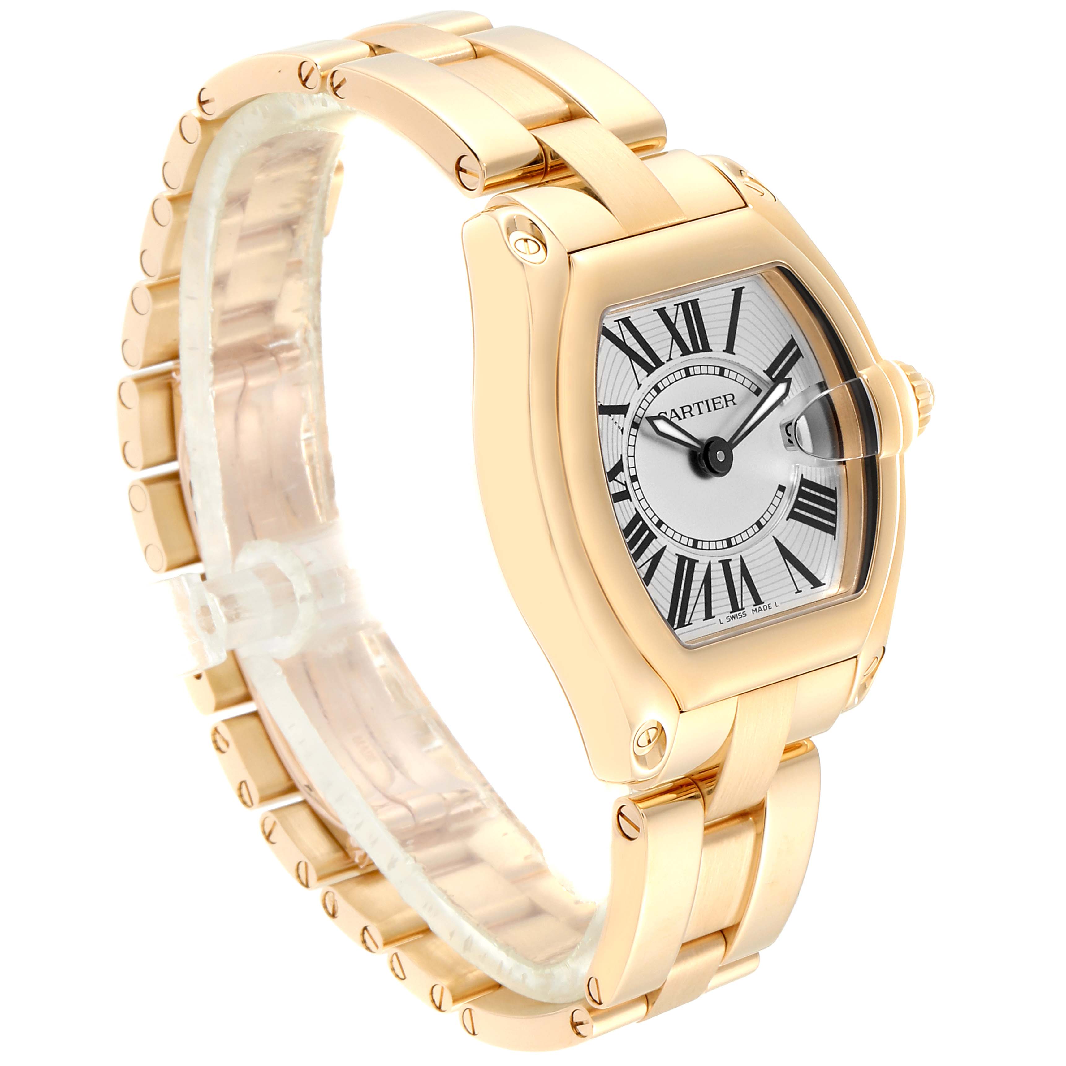 The image shows a side-angle view of a Cartier Roadster W62018V1 Women's Yellow Gold Silver Dial W62018V1 Women's Yellow Gold Silver Dial watch, highlighting the bracelet, case, and dial.