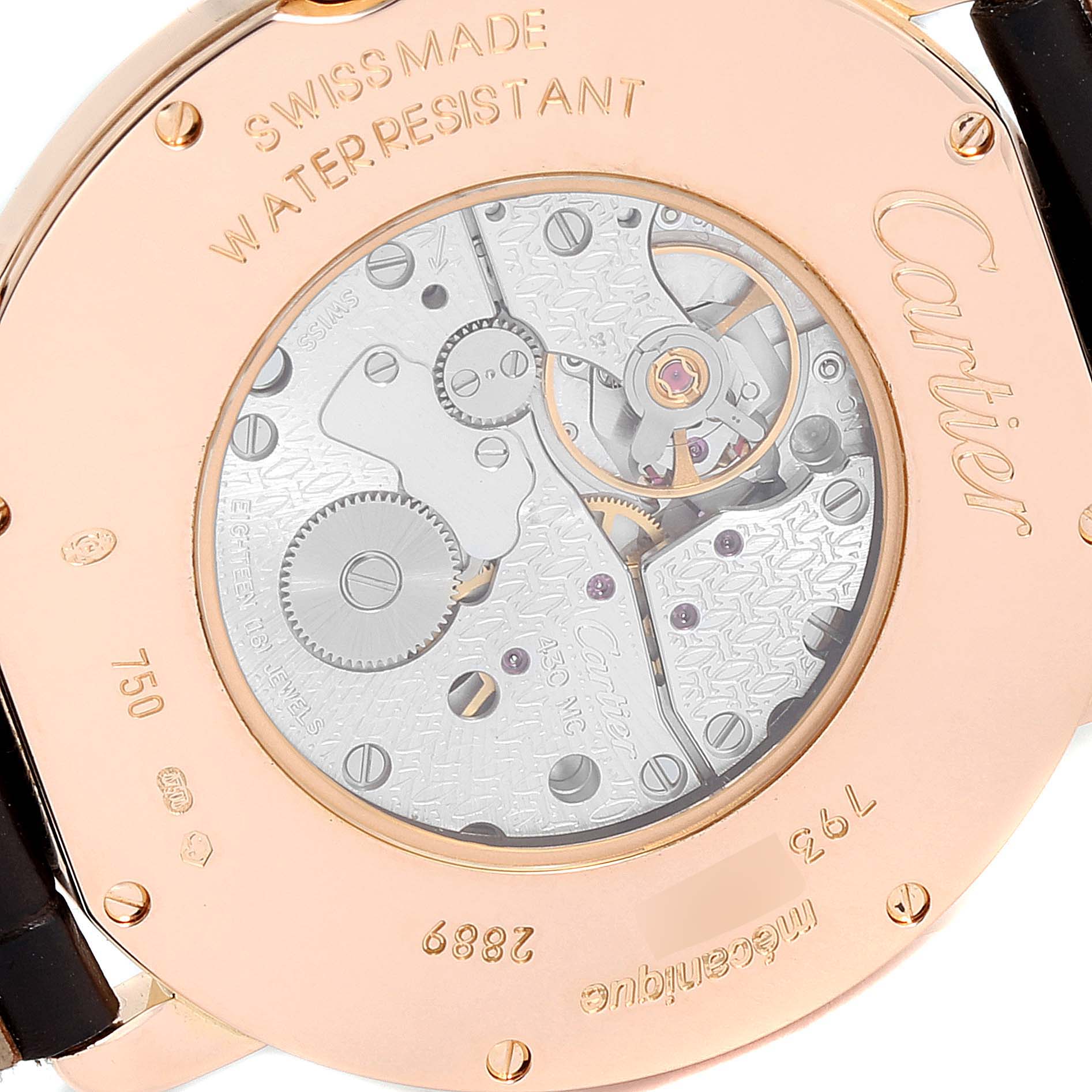 This image shows the back view of the Cartier Ronde W6800251 Men's Rose Gold Silver Dial W6800251 Men's Rose Gold Silver Dial watch, displaying its internal mechanism and engraved details.