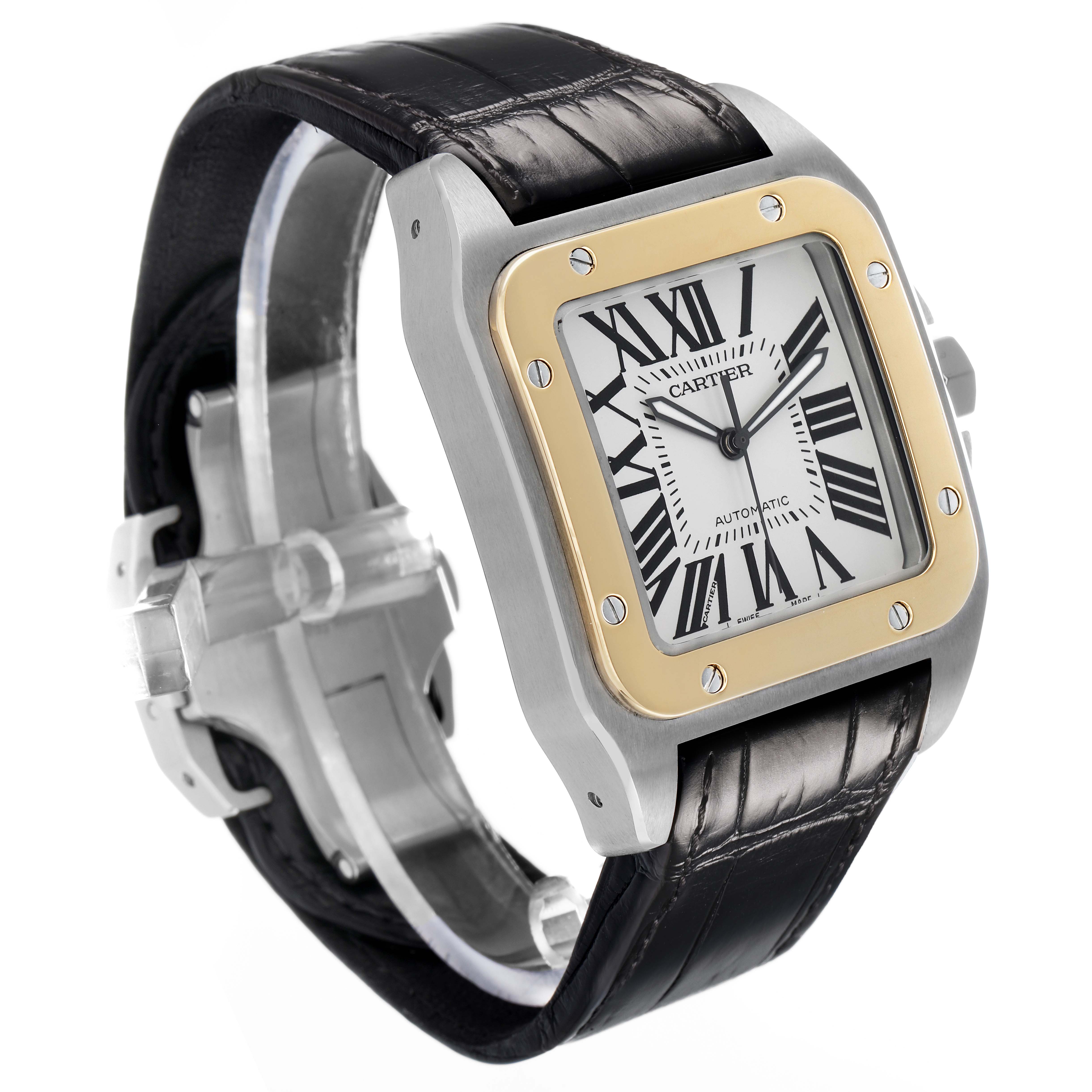 The Cartier Santos W20072X7 Men's Steel and Gold (two tone) Silver Dial watch is shown at a three-quarter angle, highlighting its square case, Roman numeral dial, and leather strap.