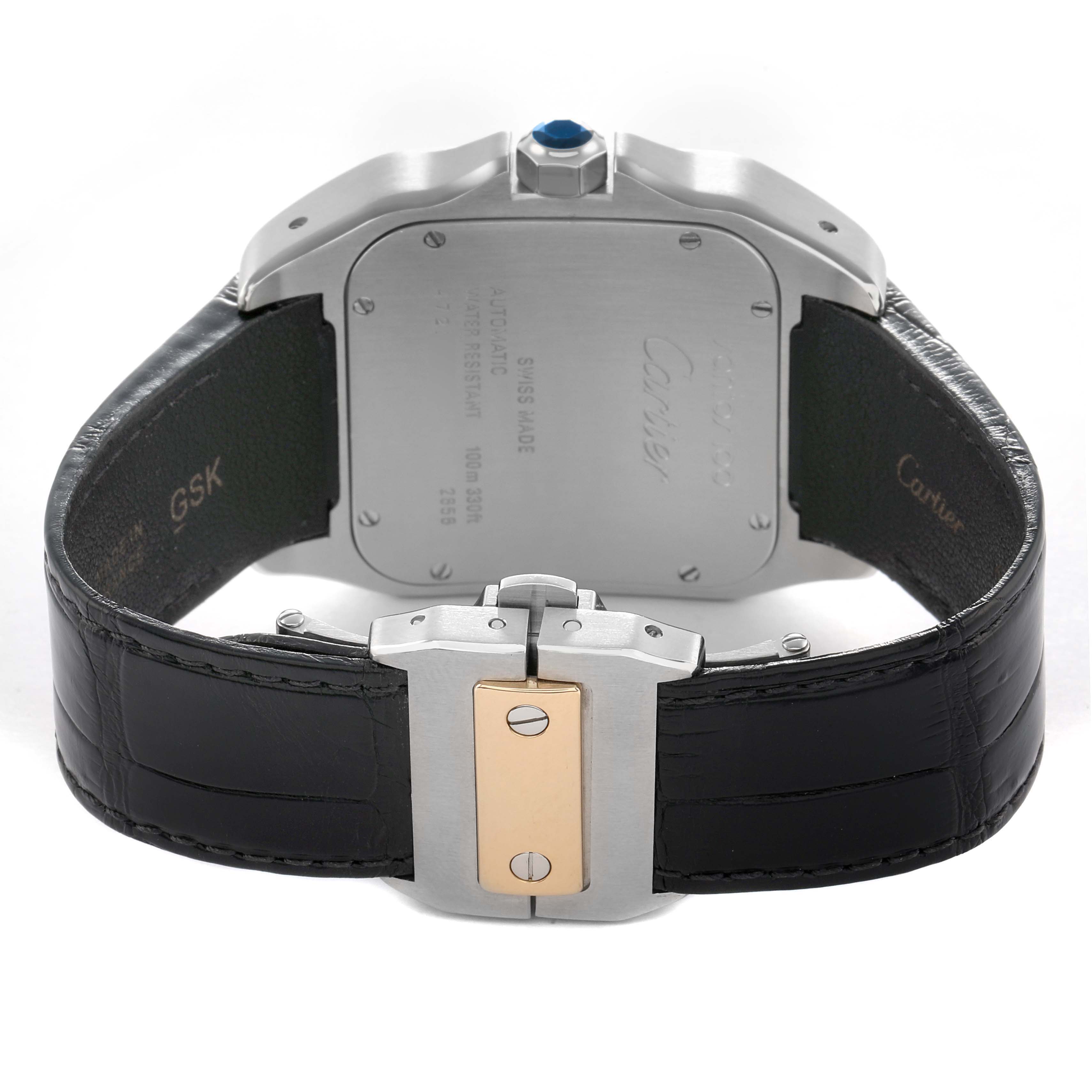 The image shows the back of the Cartier Santos W20072X7 Men's Steel and Gold (two tone) Silver Dial watch, focusing on the clasp, case back, and leather strap.