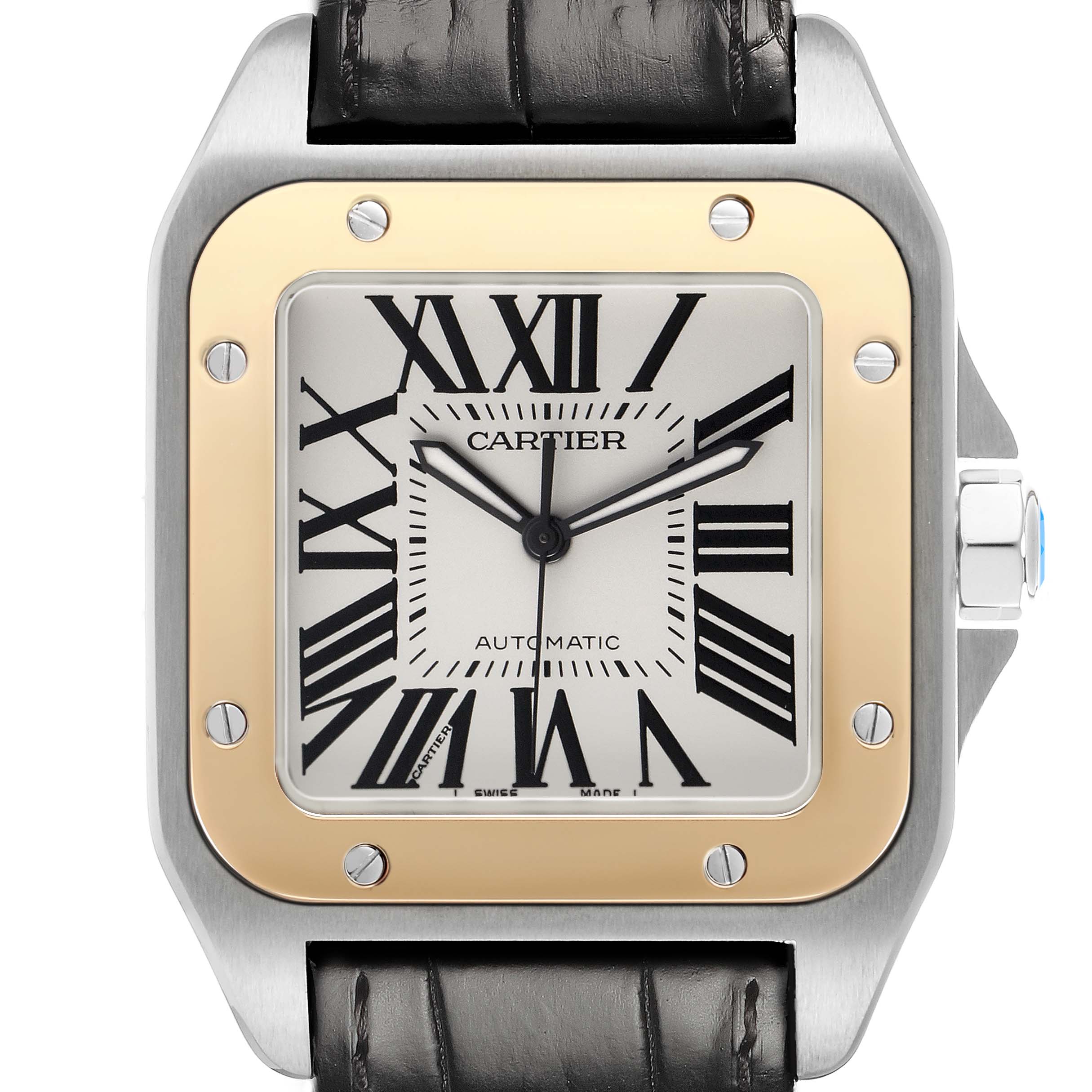 The Cartier Santos W20072X7 Men's Steel and Gold (two tone) Silver Dial watch is shown from the front, highlighting its square case, bezel, Roman numerals, and leather strap.