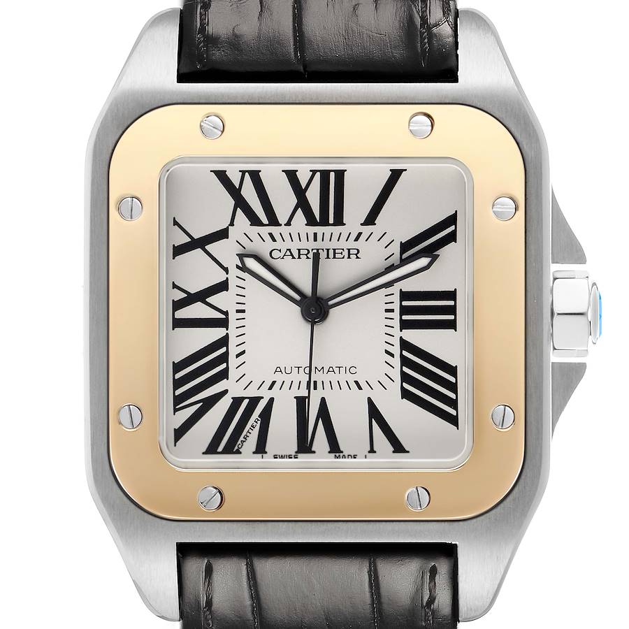 The Cartier Santos W20072X7 Men's Steel and Gold (two tone) Silver Dial watch is shown from the front, highlighting its square case, bezel, Roman numerals, and leather strap.