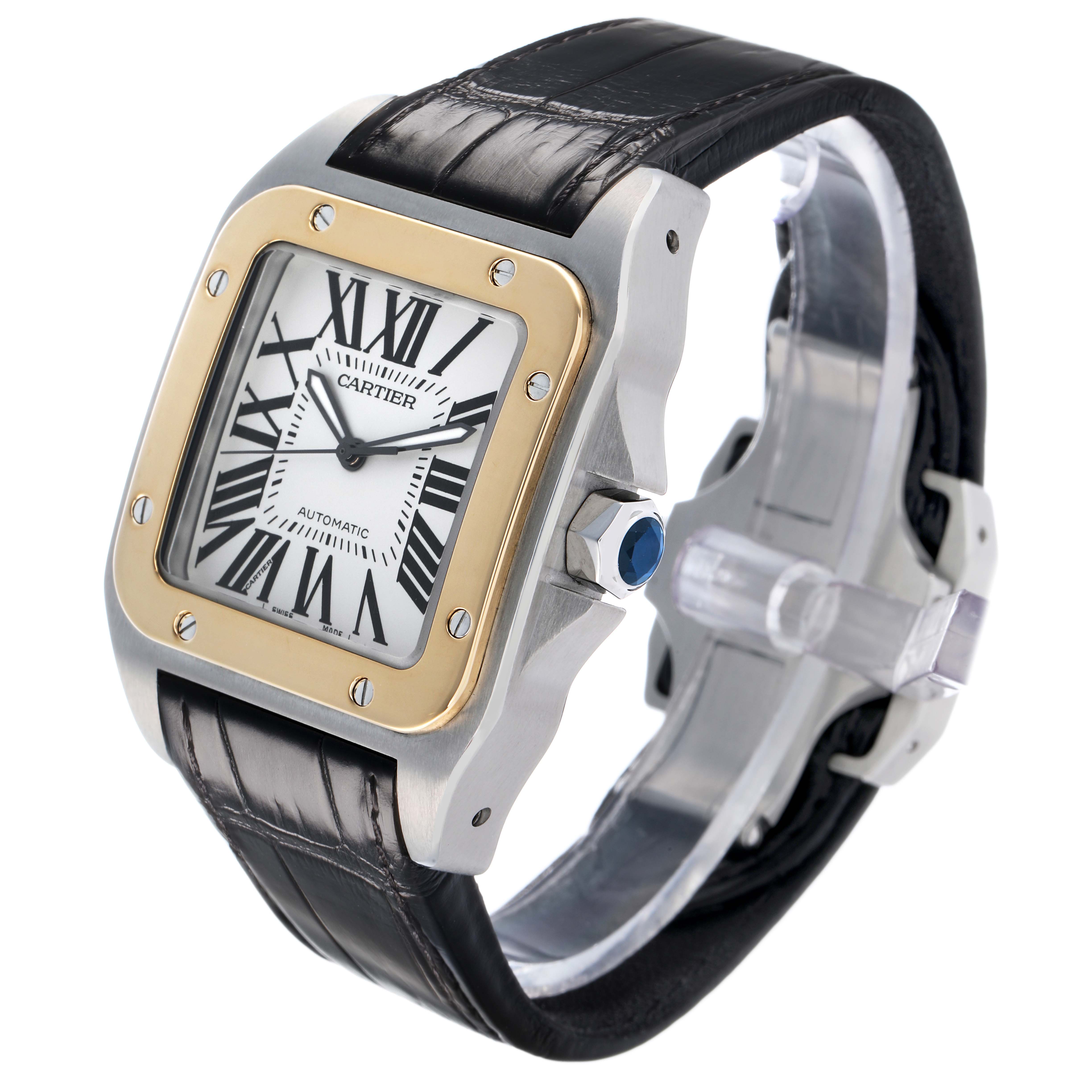 The Cartier Santos W20072X7 Men's Steel and Gold (two tone) Silver Dial watch is shown at a three-quarter angle, highlighting the square face, Roman numerals, and leather strap.