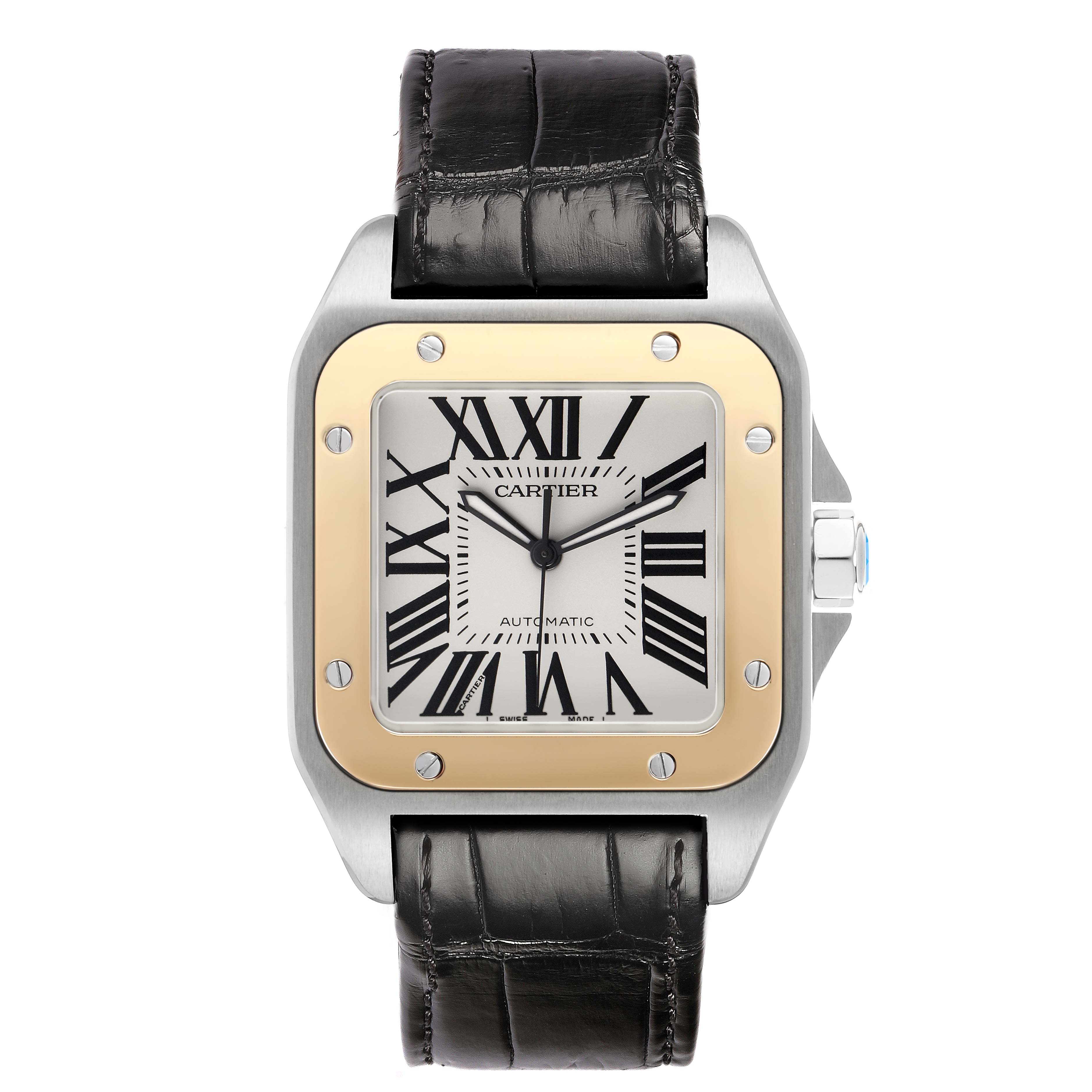 The Cartier Santos W20072X7 Men's Steel and Gold (two tone) Silver Dial watch is shown from the front, highlighting the dial, bezel, and black leather strap.