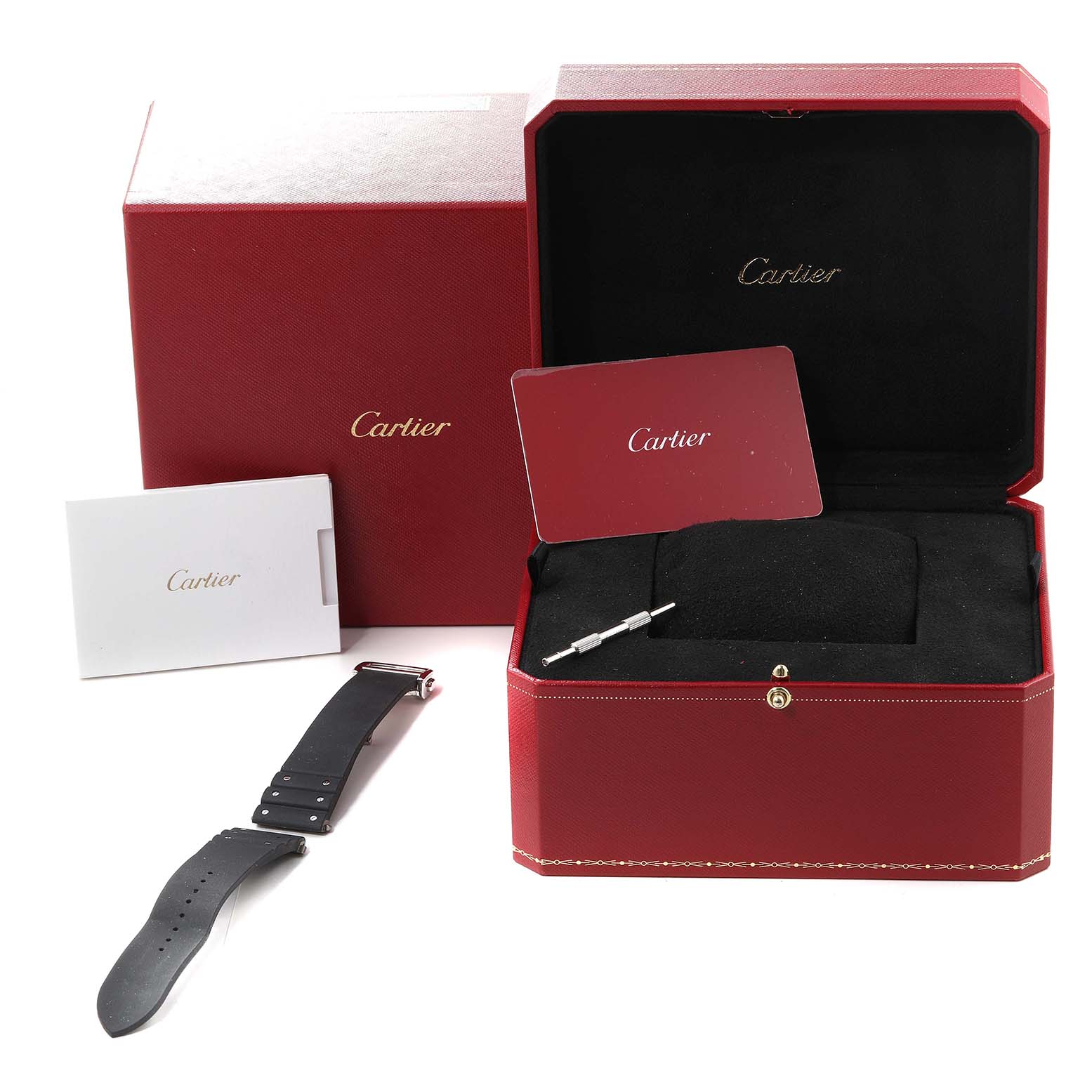 The image shows the Cartier Santos WSSA0037 Men's Stainless Steel Grey Dial WSSA0037 Men's Stainless Steel Grey Dial model watch accessories, including a red box, extra strap, manual, tool, and warranty card.