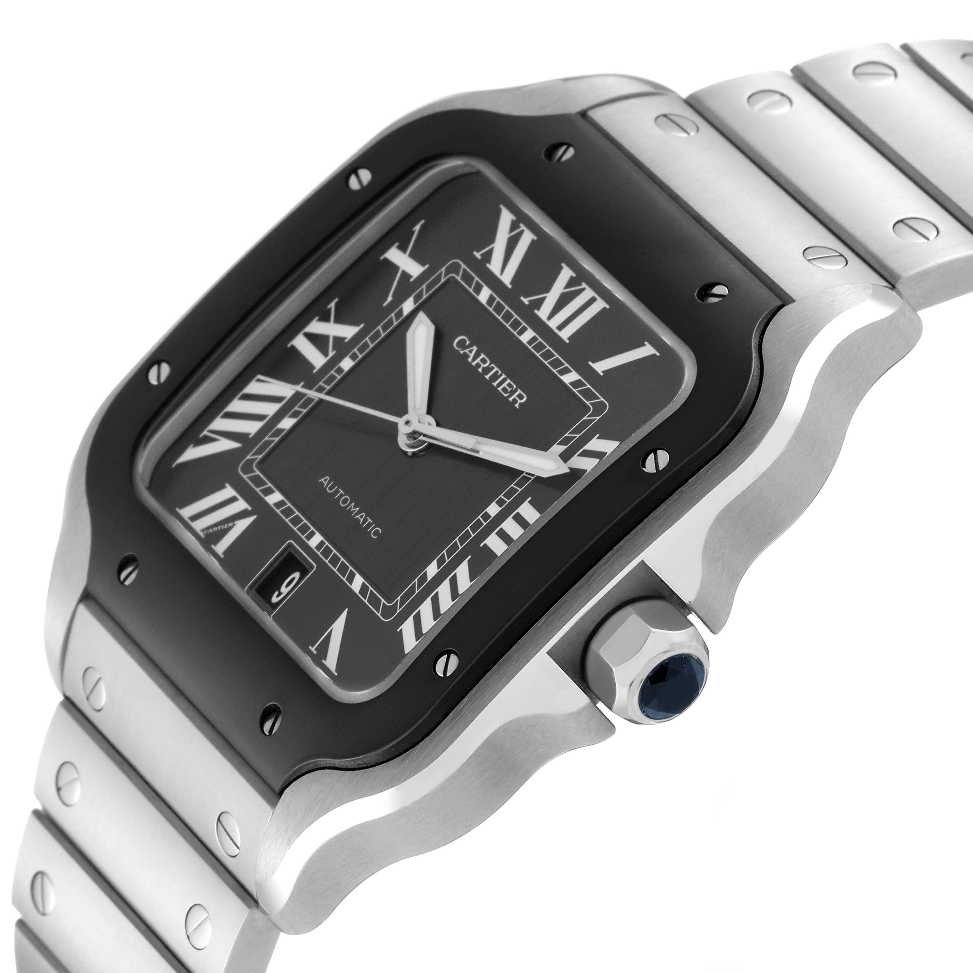 This image shows a close-up side angle of the Santos model by Cartier, highlighting the watch face, bezel, crown, and part of the bracelet.