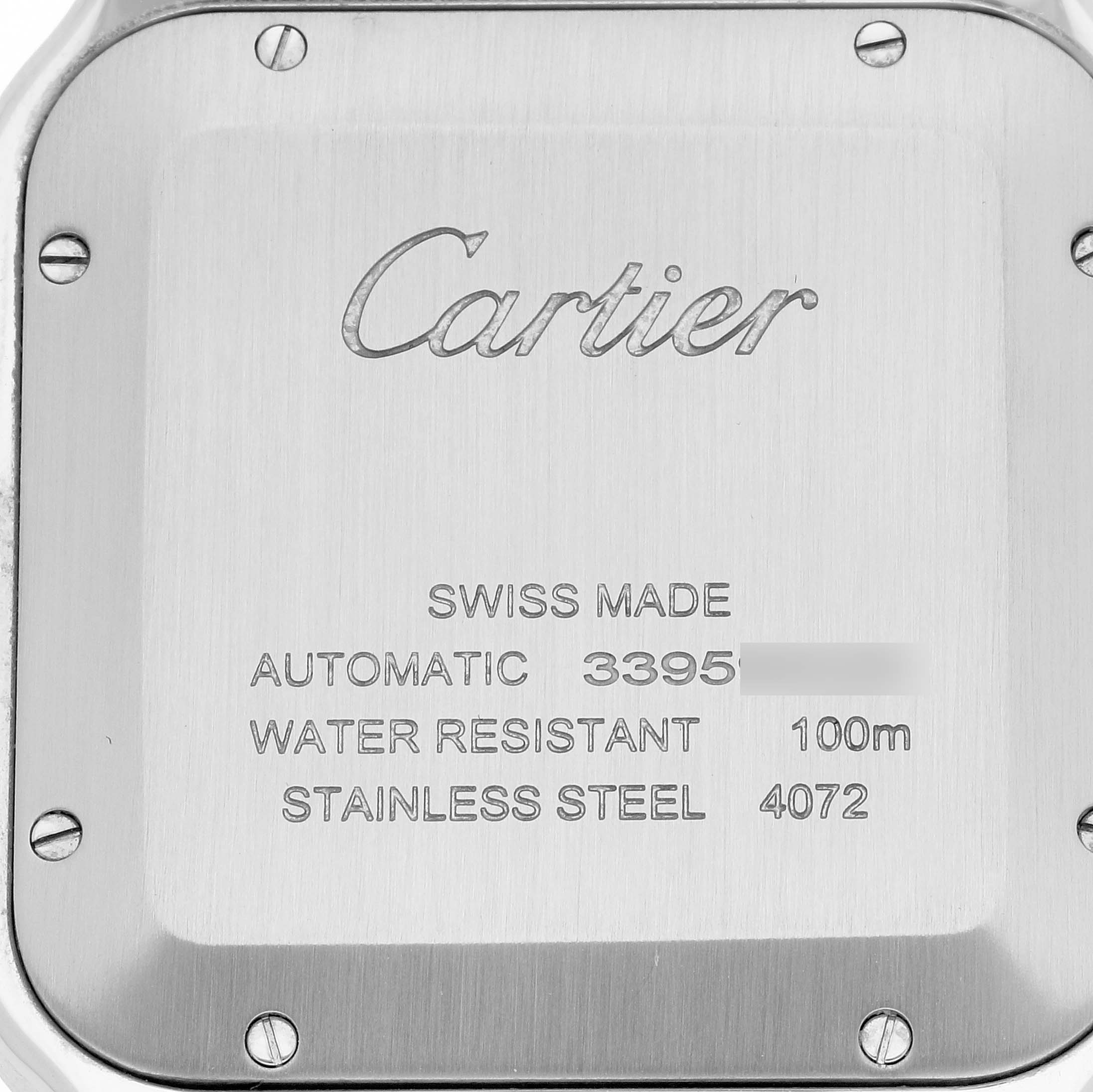 The image shows the back case of a Cartier Santos WSSA0037 Men's Stainless Steel Grey Dial WSSA0037 Men's Stainless Steel Grey Dial watch, highlighting details like water resistance and material.