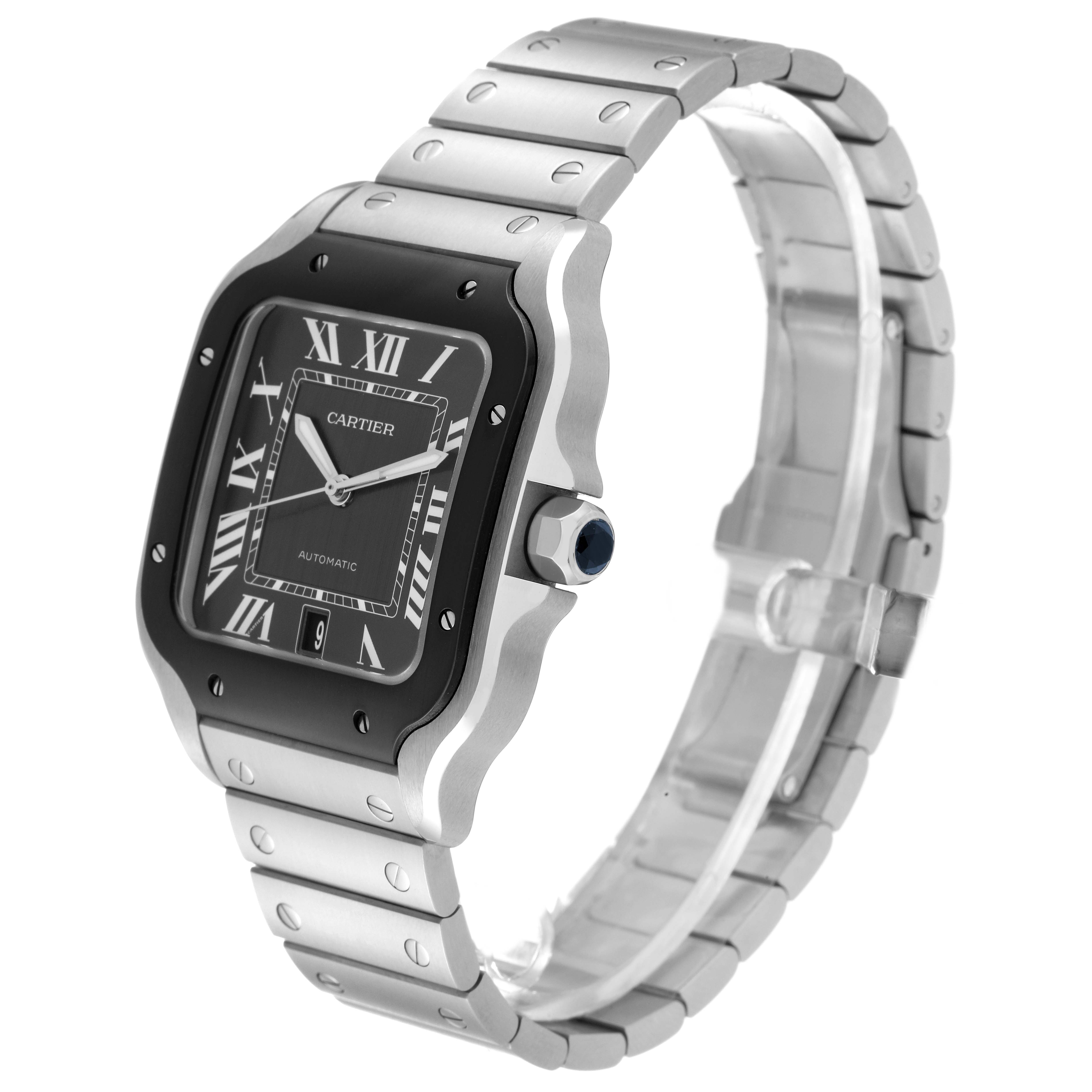 This image shows a three-quarter view of the Cartier Santos WSSA0037 Men's Stainless Steel Grey Dial WSSA0037 Men's Stainless Steel Grey Dial watch, highlighting the face, bezel, and bracelet.