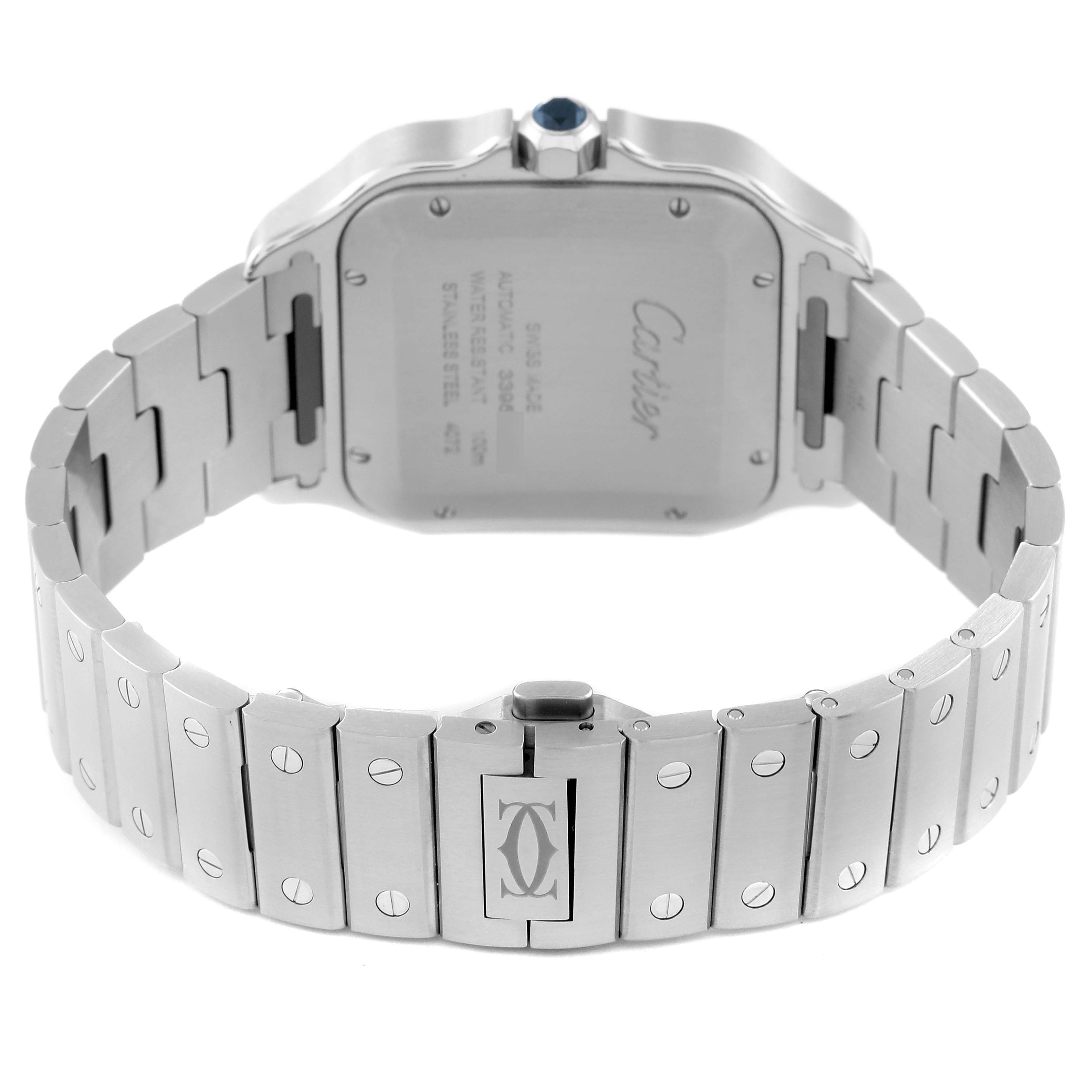This image shows the back case and stainless steel bracelet of the Cartier Santos WSSA0037 Men's Stainless Steel Grey Dial WSSA0037 Men's Stainless Steel Grey Dial model watch, including the deployment clasp.