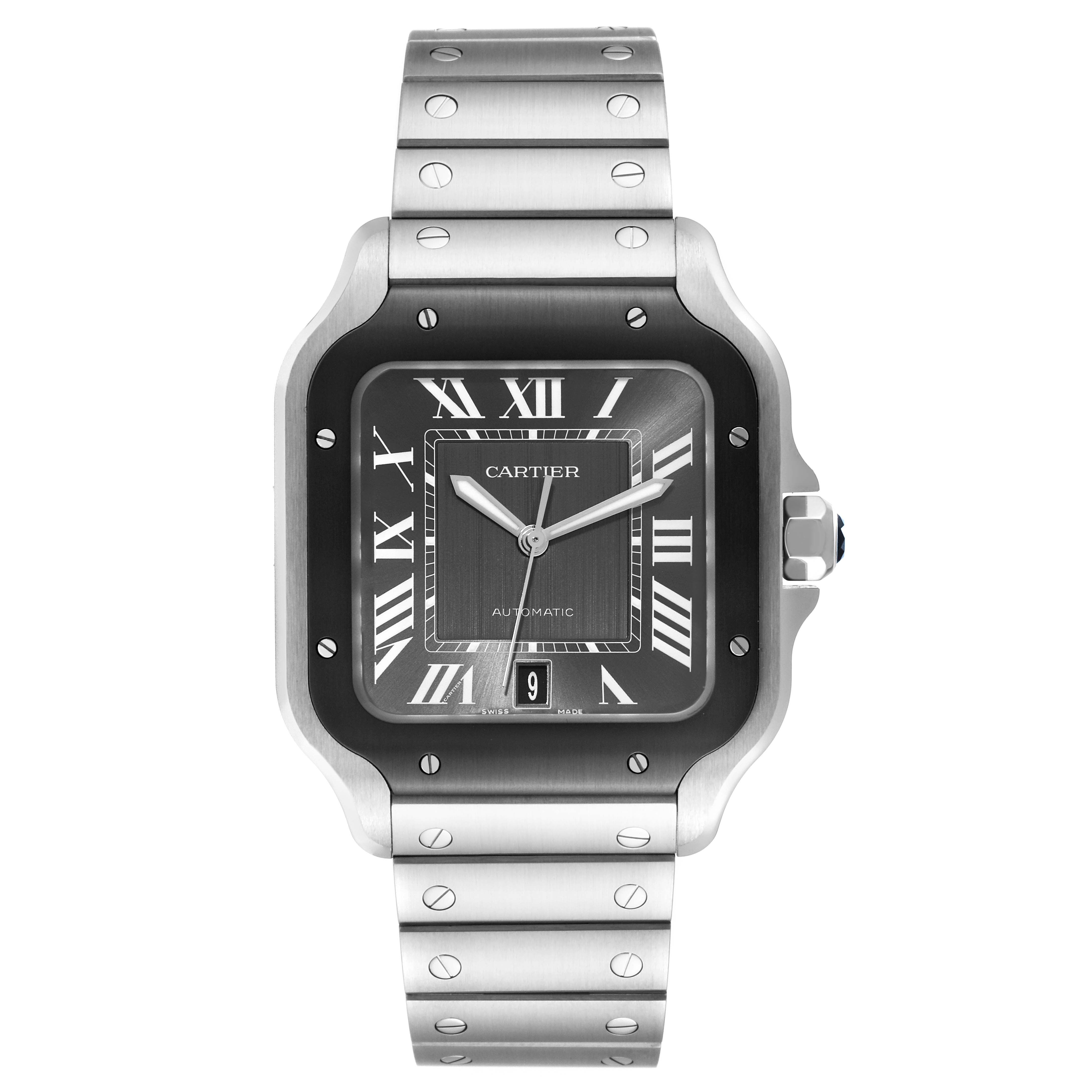 This image shows a frontal view of a Cartier Santos WSSA0037 Men's Stainless Steel Grey Dial WSSA0037 Men's Stainless Steel Grey Dial watch, highlighting its face, bezel, and metal bracelet.