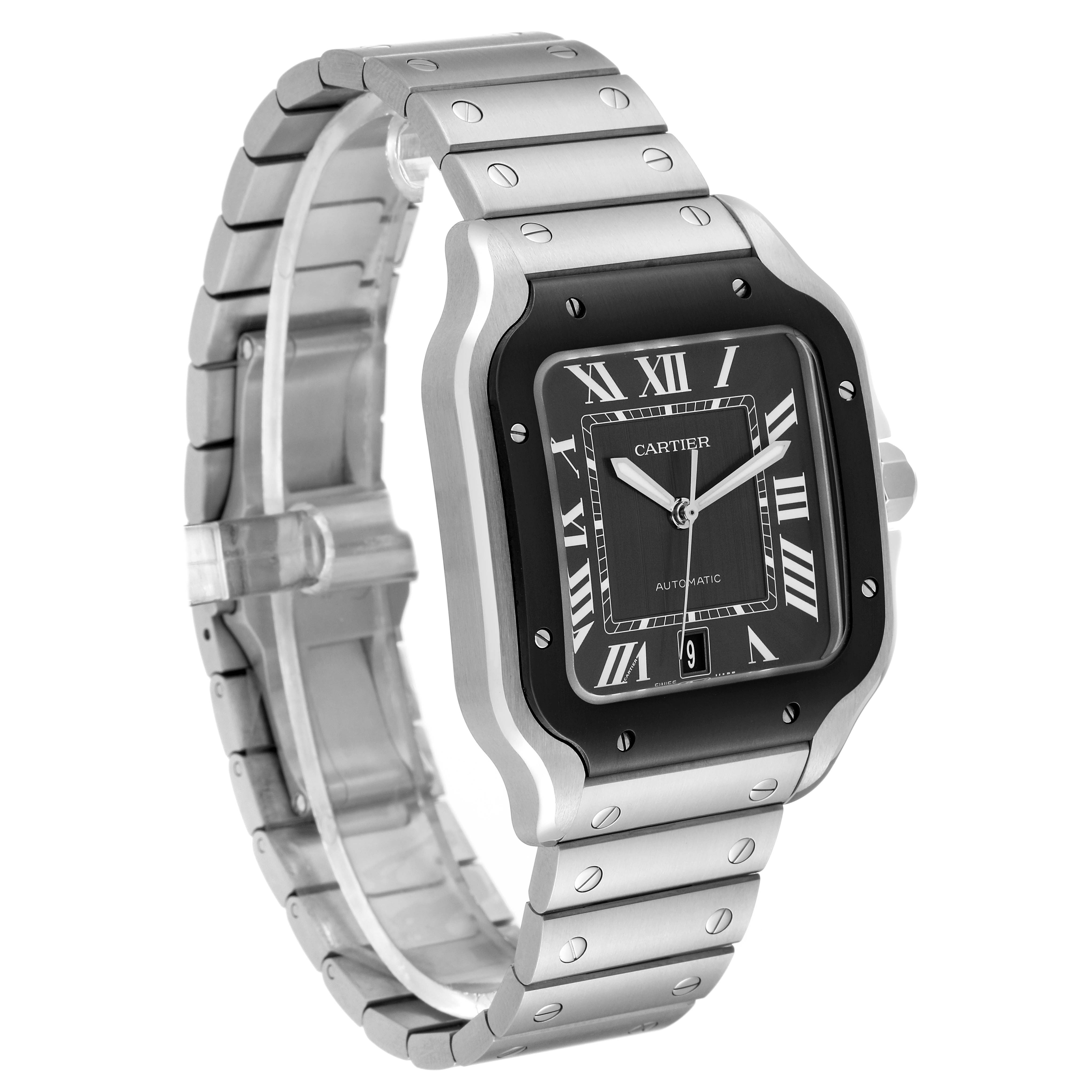 This Cartier Santos WSSA0037 Men's Stainless Steel Grey Dial WSSA0037 Men's Stainless Steel Grey Dial model watch is shown at a slight diagonal angle, displaying the face, bezel, bracelet, and crown.