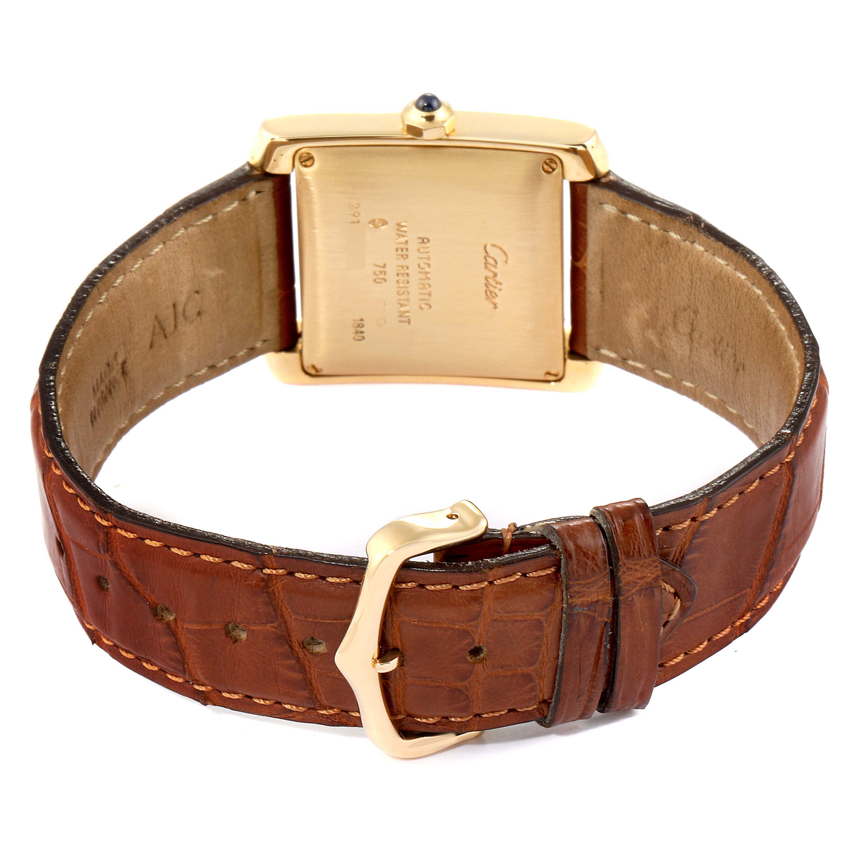 The image shows the back view of a Cartier Tank Francaise W5000156 Men's Yellow Gold Silver Dial W5000156 Men's Yellow Gold Silver Dial watch, highlighting its case back, crown, and leather strap with a buckle.