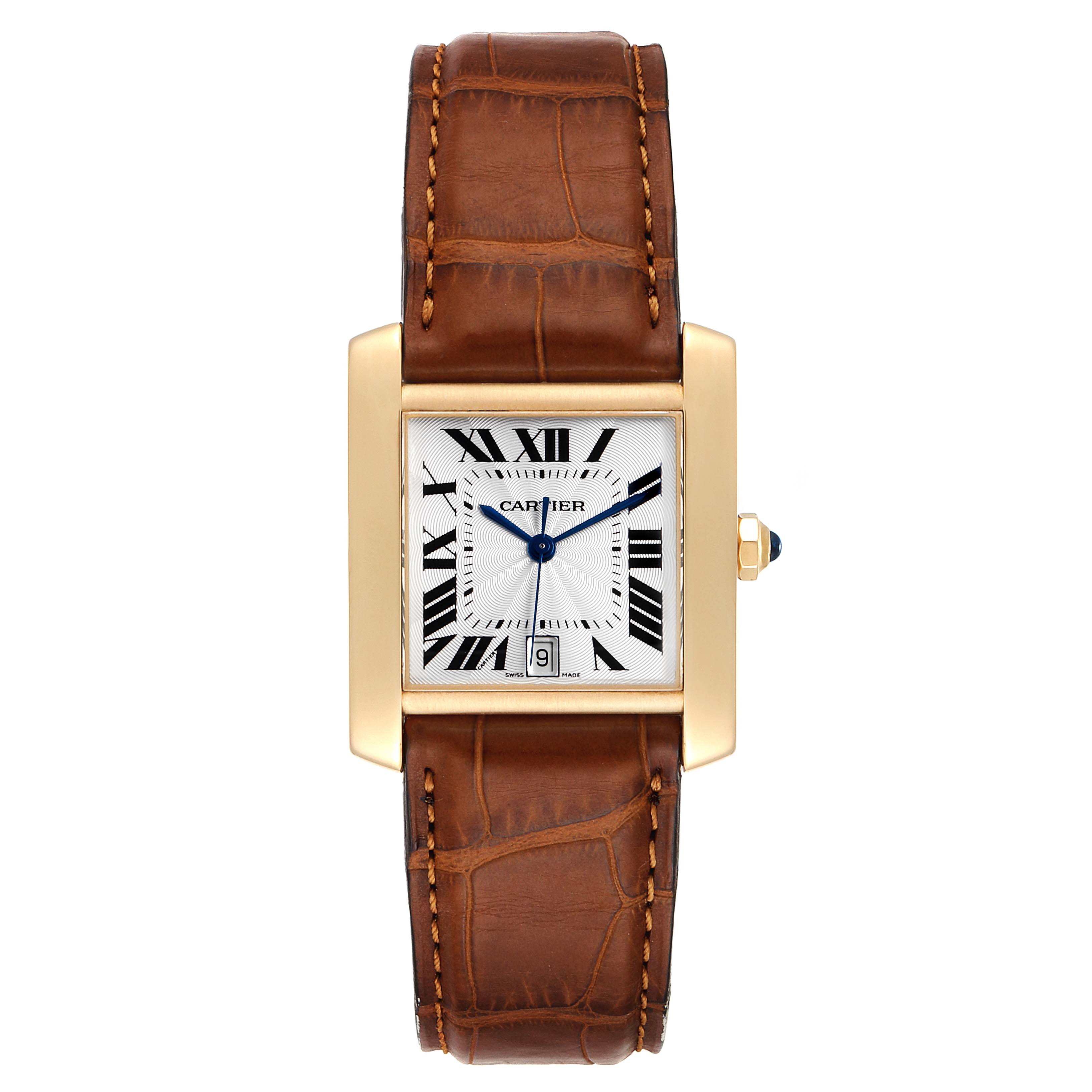This image shows a Cartier Tank Francaise W5000156 Men's Yellow Gold Silver Dial W5000156 Men's Yellow Gold Silver Dial watch from a top-down angle, featuring a gold case and brown leather strap.