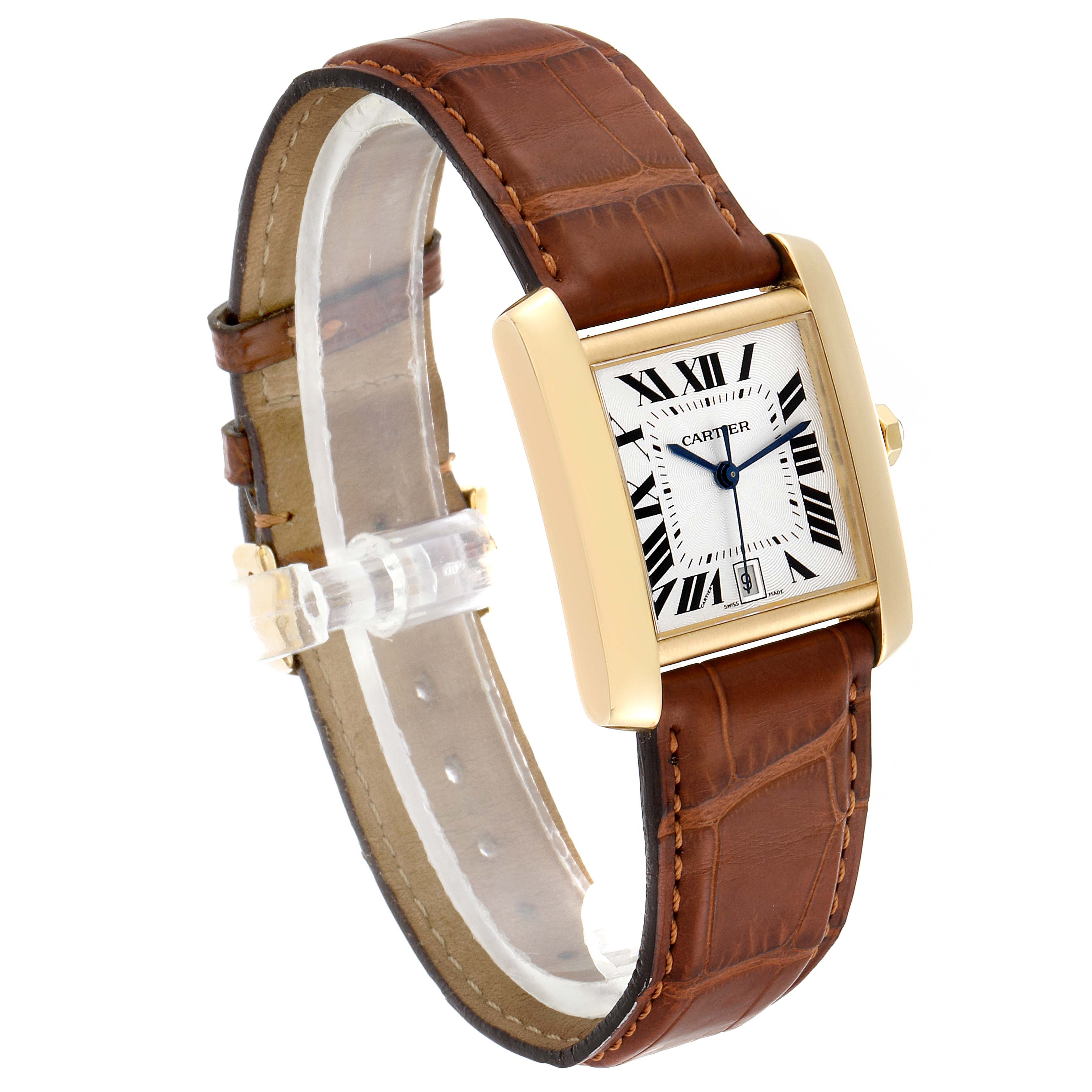 This image shows a Cartier Tank Francaise W5000156 Men's Yellow Gold Silver Dial W5000156 Men's Yellow Gold Silver Dial watch, angled to display the face, side, and leather strap.