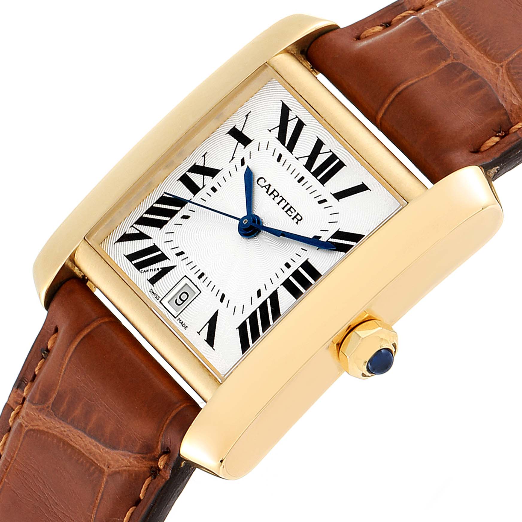 The image shows a close-up of the Cartier Tank Française watch, highlighting its rectangular face, gold case, and brown leather strap.