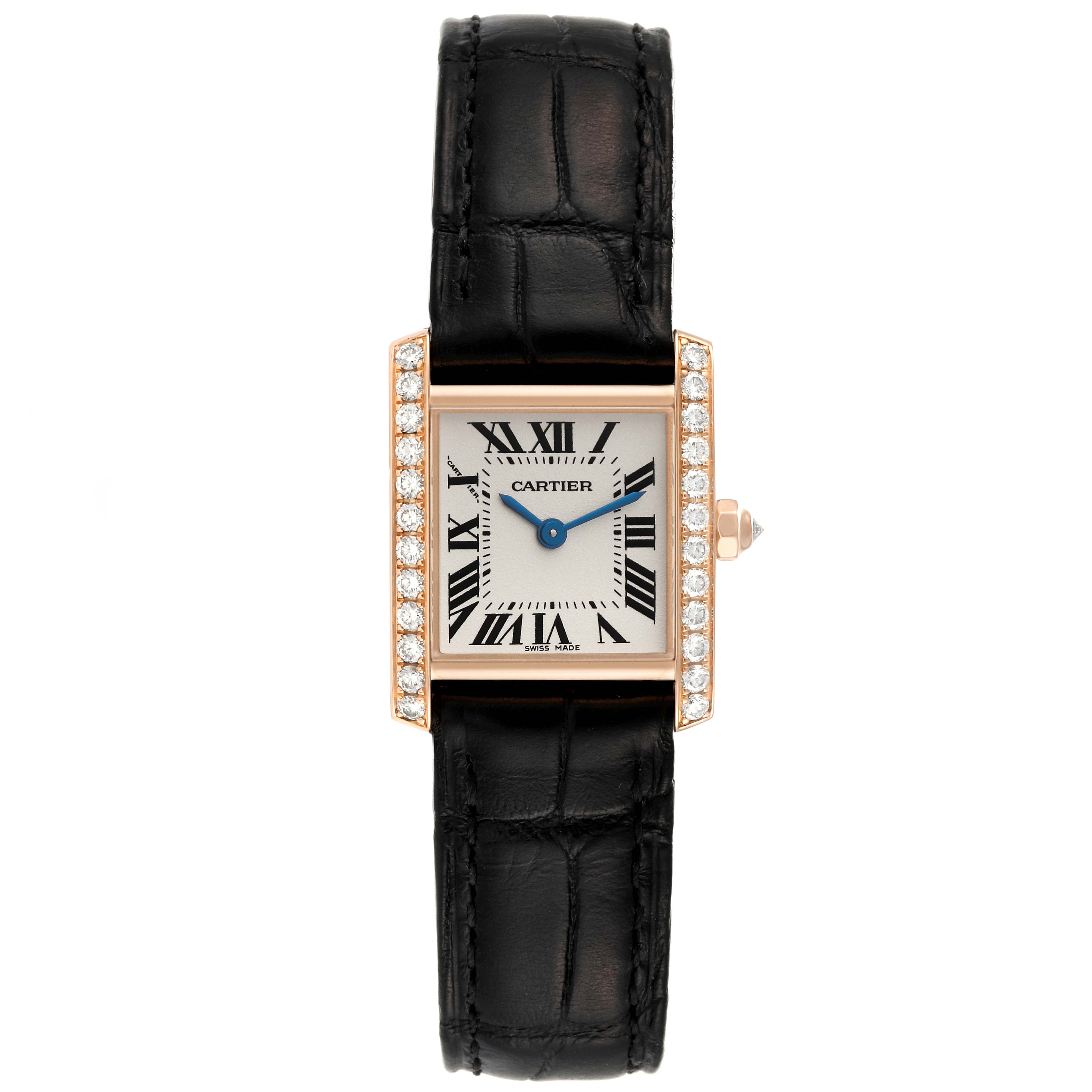 The image shows a frontal view of the Cartier Tank Française watch, highlighting its black strap, diamond-set case, and Roman numeral dial.