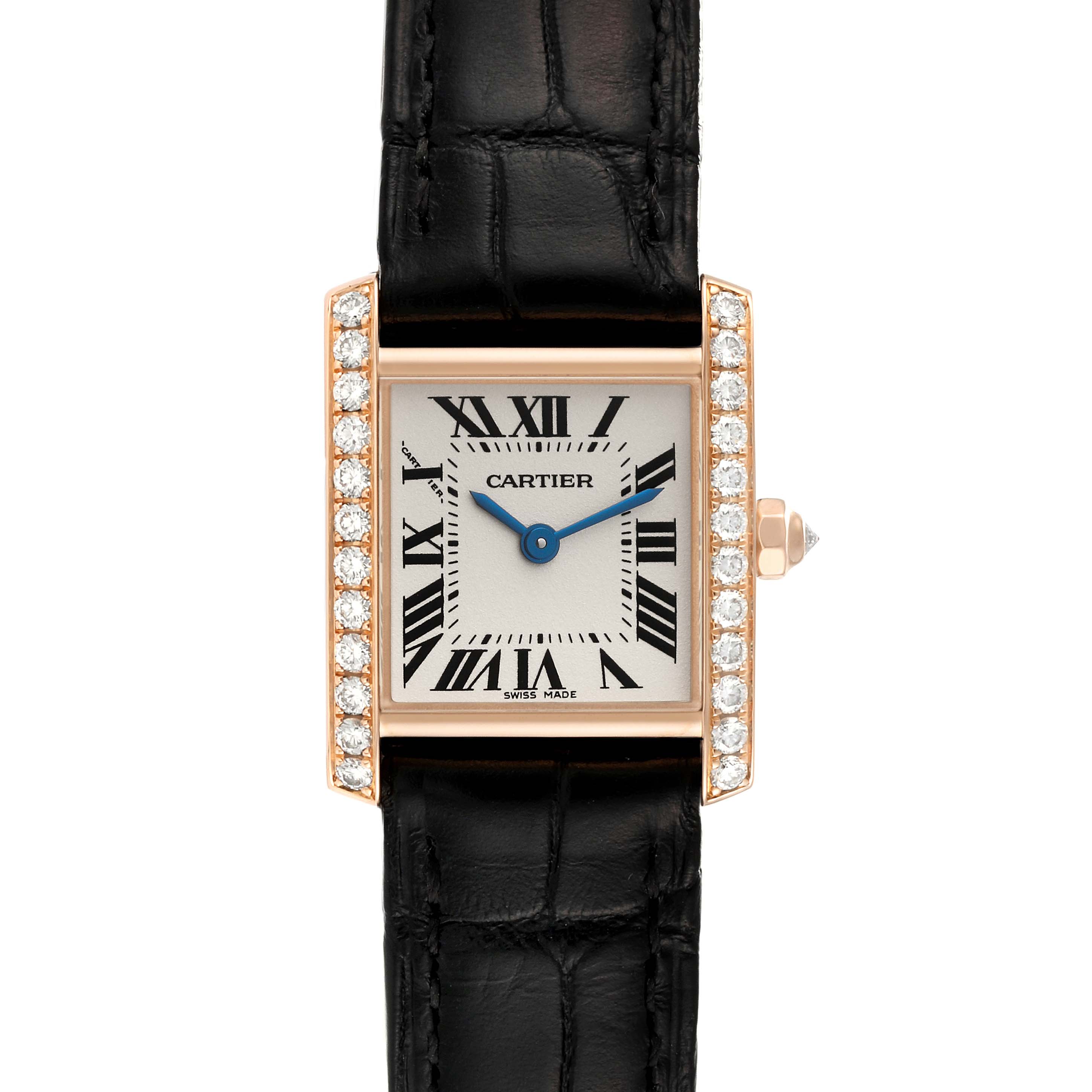 The Cartier Tank Francaise WE104531 Women's Rose Gold Silver Dial WE104531 Women's Rose Gold Silver Dial watch is shown from a top-down angle, highlighting the face, diamond-encrusted bezel, and leather strap.