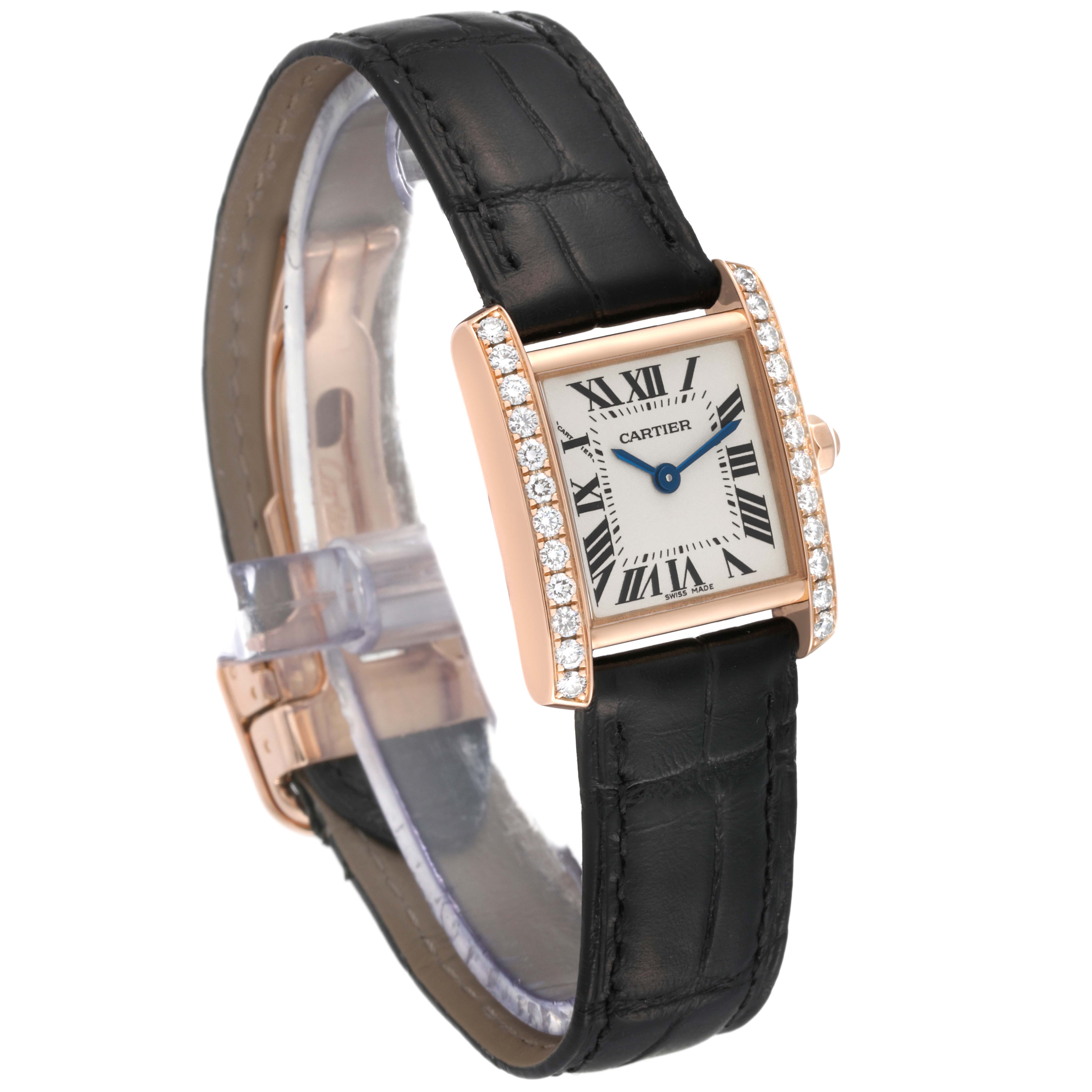 The image shows a Cartier Tank Francaise WE104531 Women's Rose Gold Silver Dial WE104531 Women's Rose Gold Silver Dial watch at a slight side angle, featuring a rectangular diamond-encrusted case and a black leather strap.