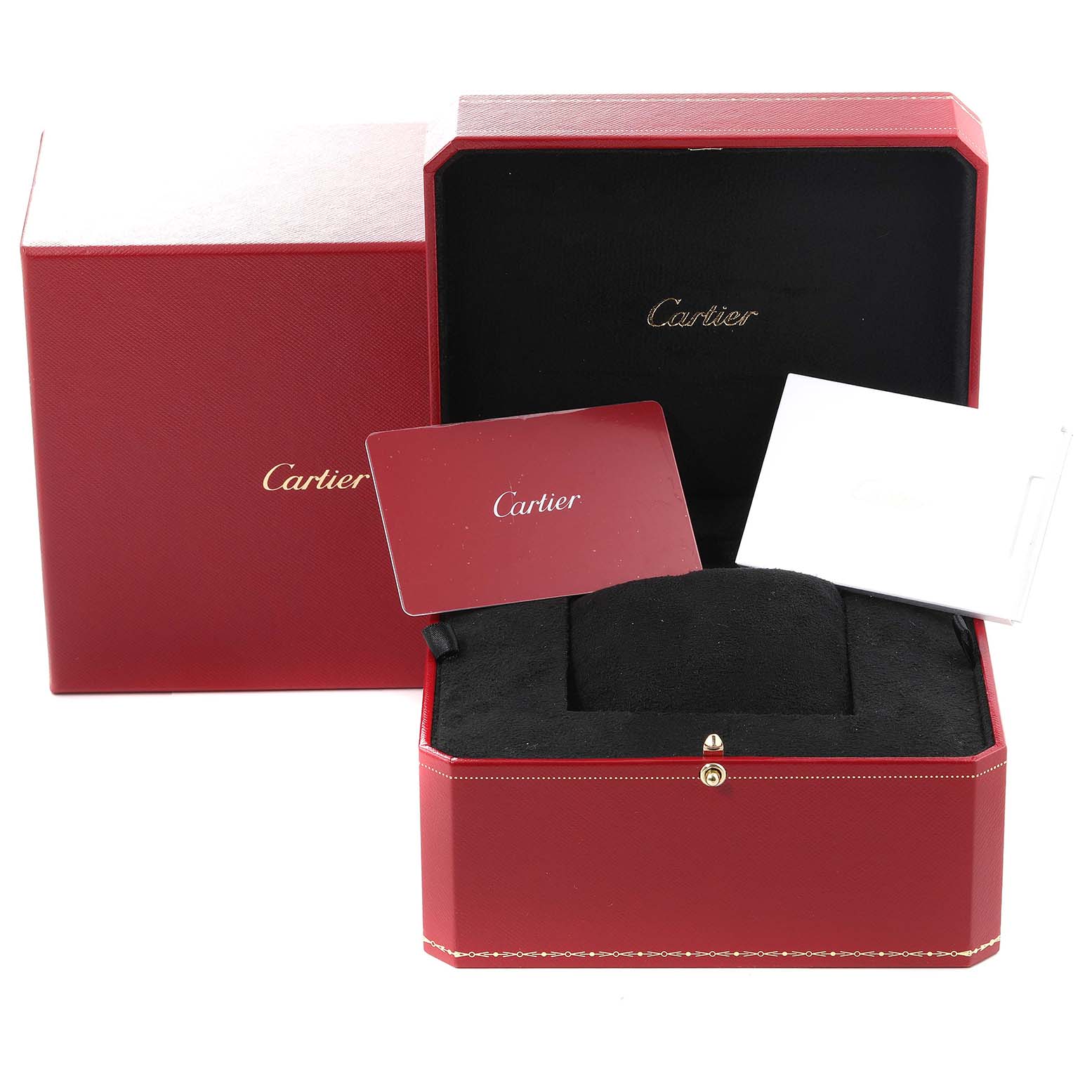 The image shows an opened Cartier Tank Française watch box with a red exterior, black interior, and two cards.