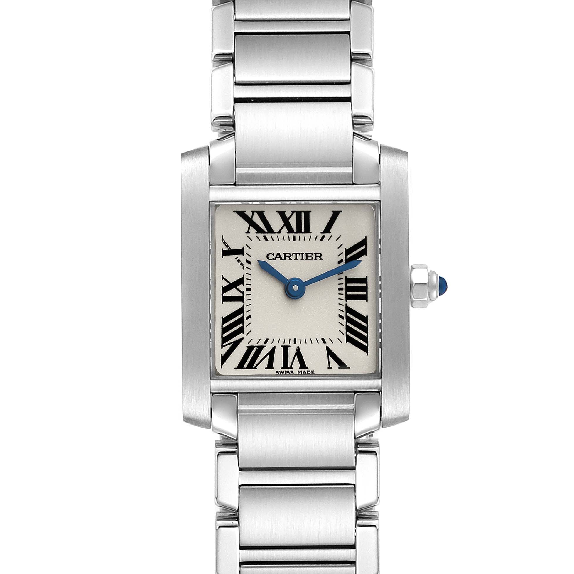 The Cartier Tank Française watch is shown from a front angle, displaying its face, Roman numeral markers, and metal bracelet.