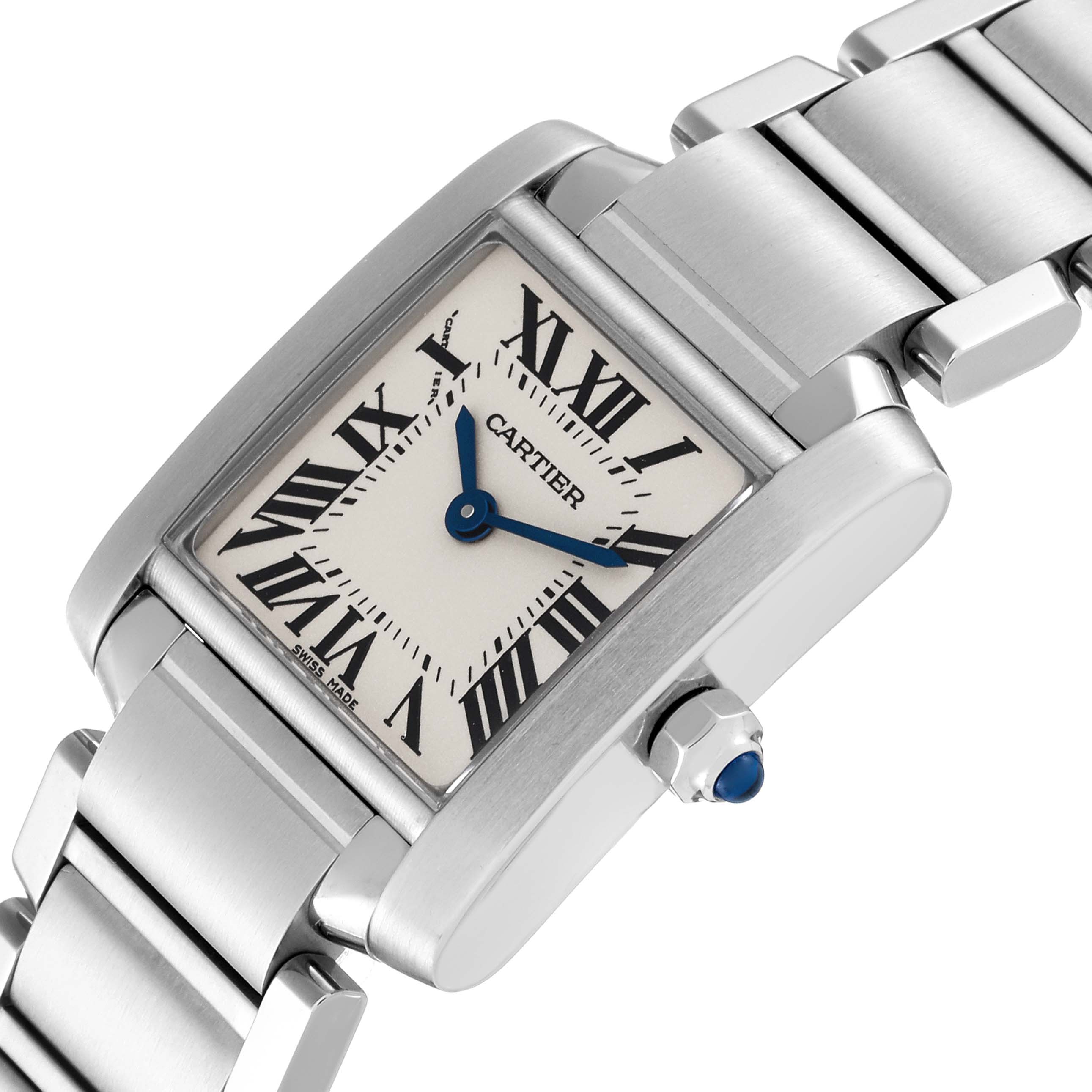 The image shows a close-up of the Cartier Tank Francaise W51008Q3 Women
s Stainless Steel Silver Dial W51008Q3 Women
s Stainless Steel Silver Dial watch, highlighting the dial, blue hands, and part of the metal bracelet.