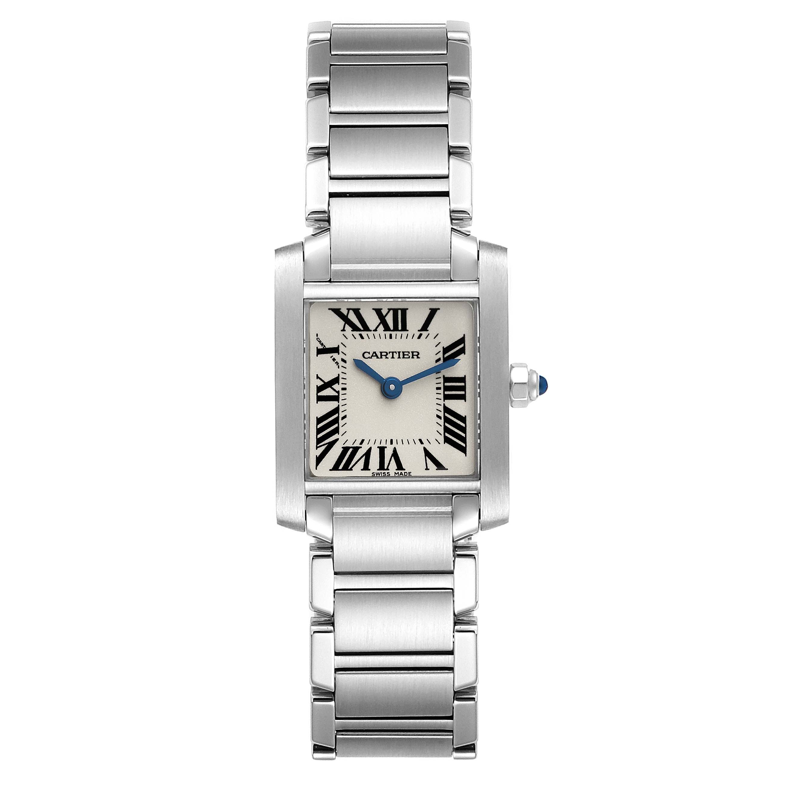 The Cartier Tank Francaise W51008Q3 Women
s Stainless Steel Silver Dial W51008Q3 Women
s Stainless Steel Silver Dial watch is shown from a top view, displaying the face with Roman numerals, stainless steel case, and bracelet.