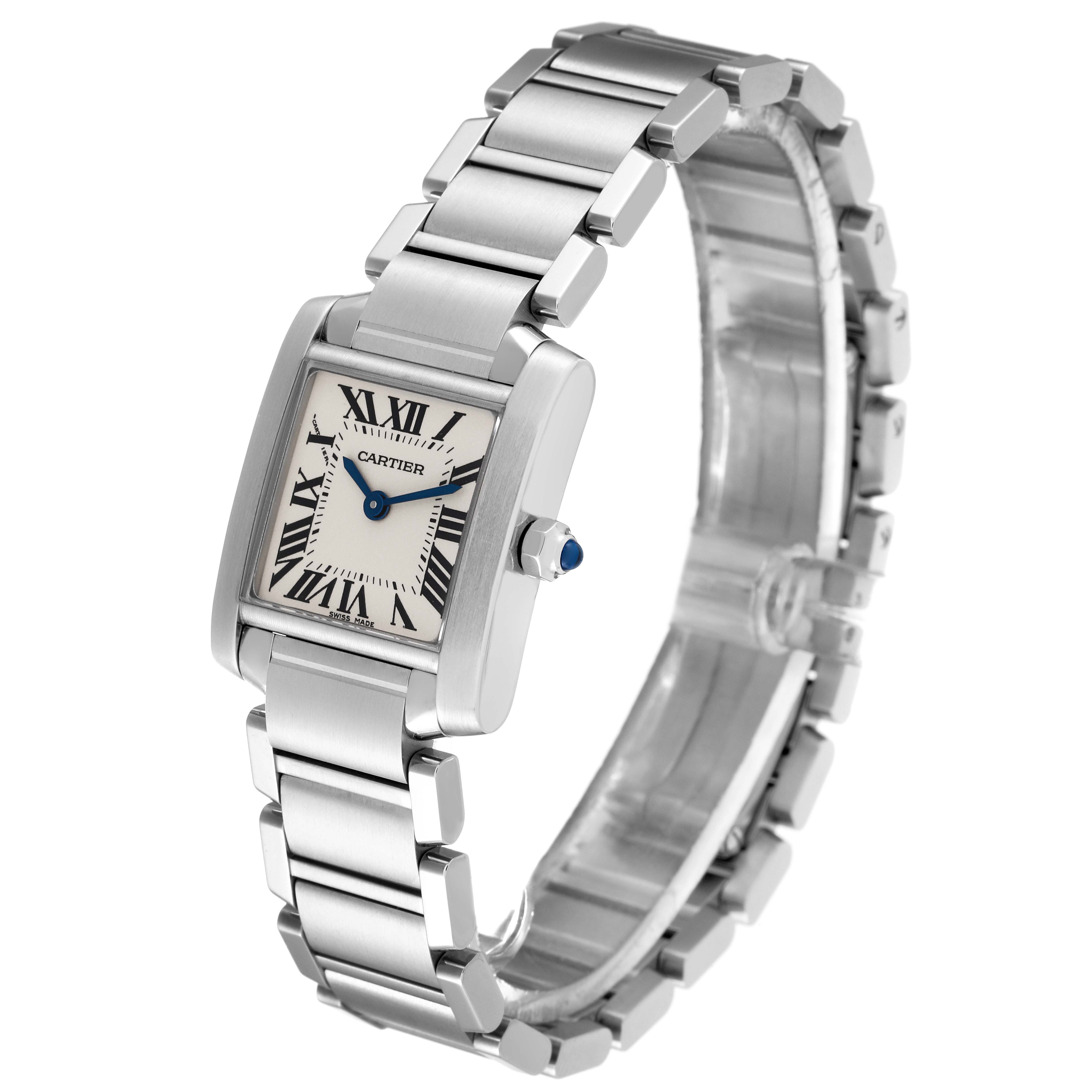 The image shows a Cartier Tank Francaise W51008Q3 Women
s Stainless Steel Silver Dial W51008Q3 Women
s Stainless Steel Silver Dial watch at an angle highlighting the face, bracelet, and crown.