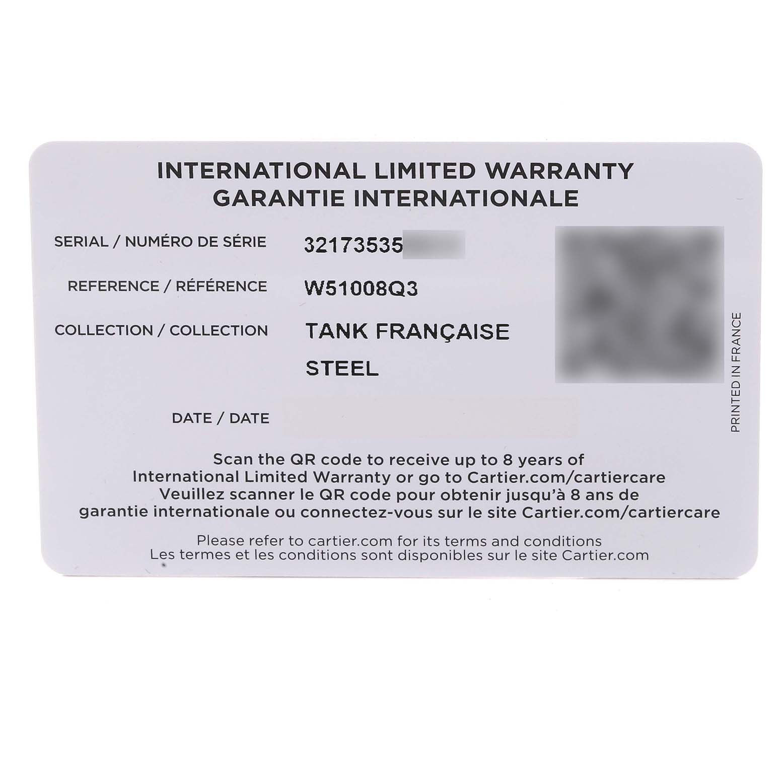 The image shows an International Limited Warranty card for the Cartier Tank Française model watch.