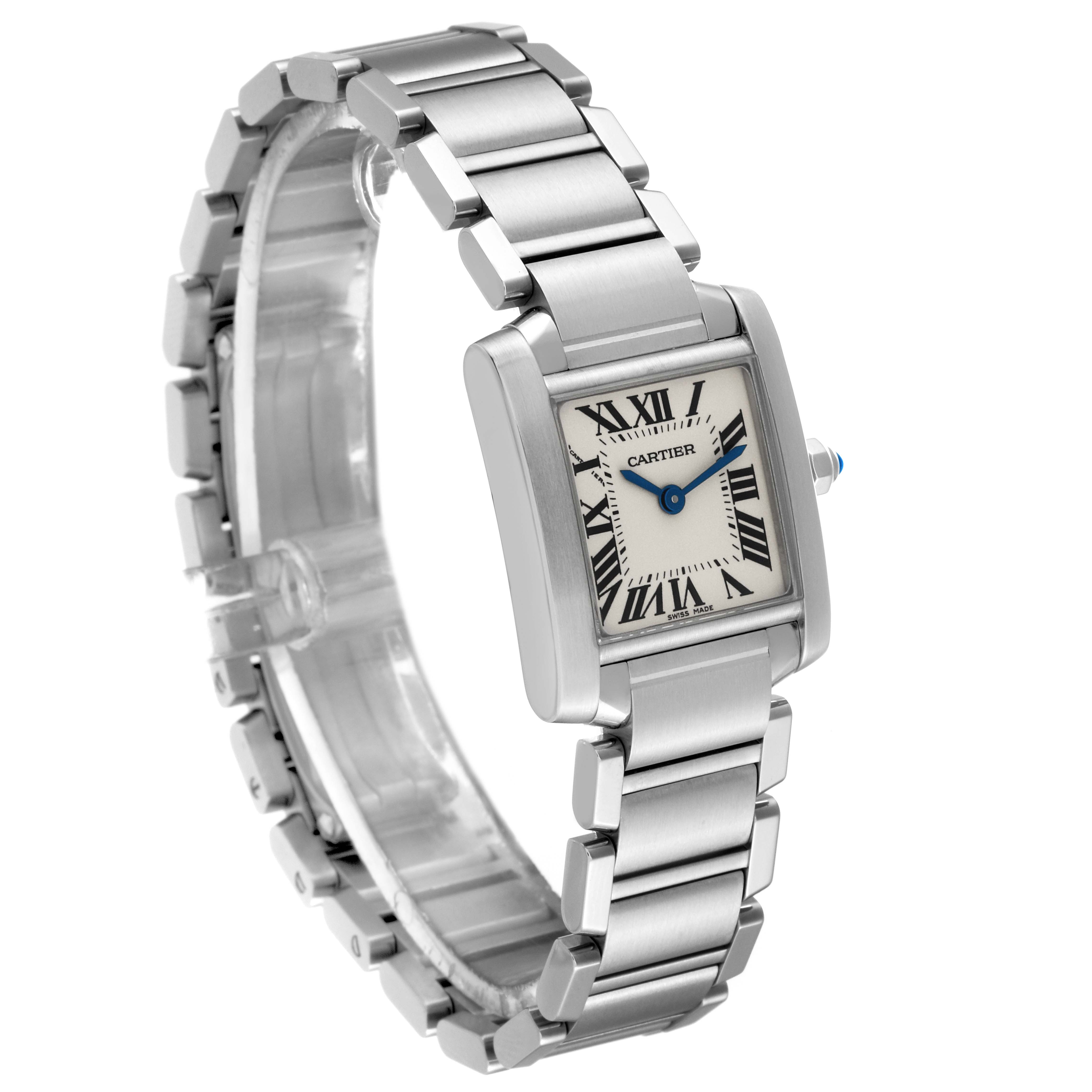 This Cartier Tank Francaise W51008Q3 Women
s Stainless Steel Silver Dial W51008Q3 Women
s Stainless Steel Silver Dial model watch is shown at a three-quarter angle, featuring the face, bracelet, and side view.